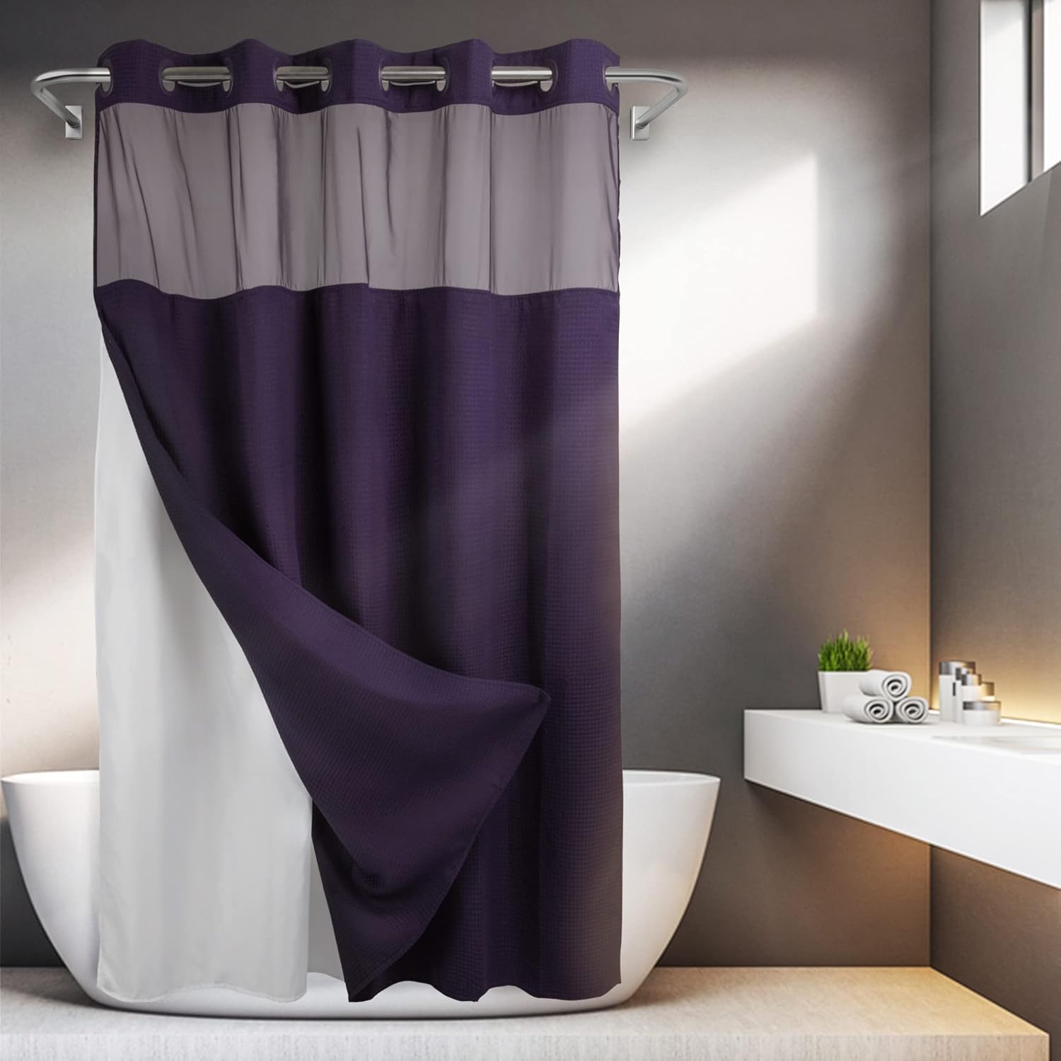 No Hooks Required Waffle Weave Shower Curtain with Snap in