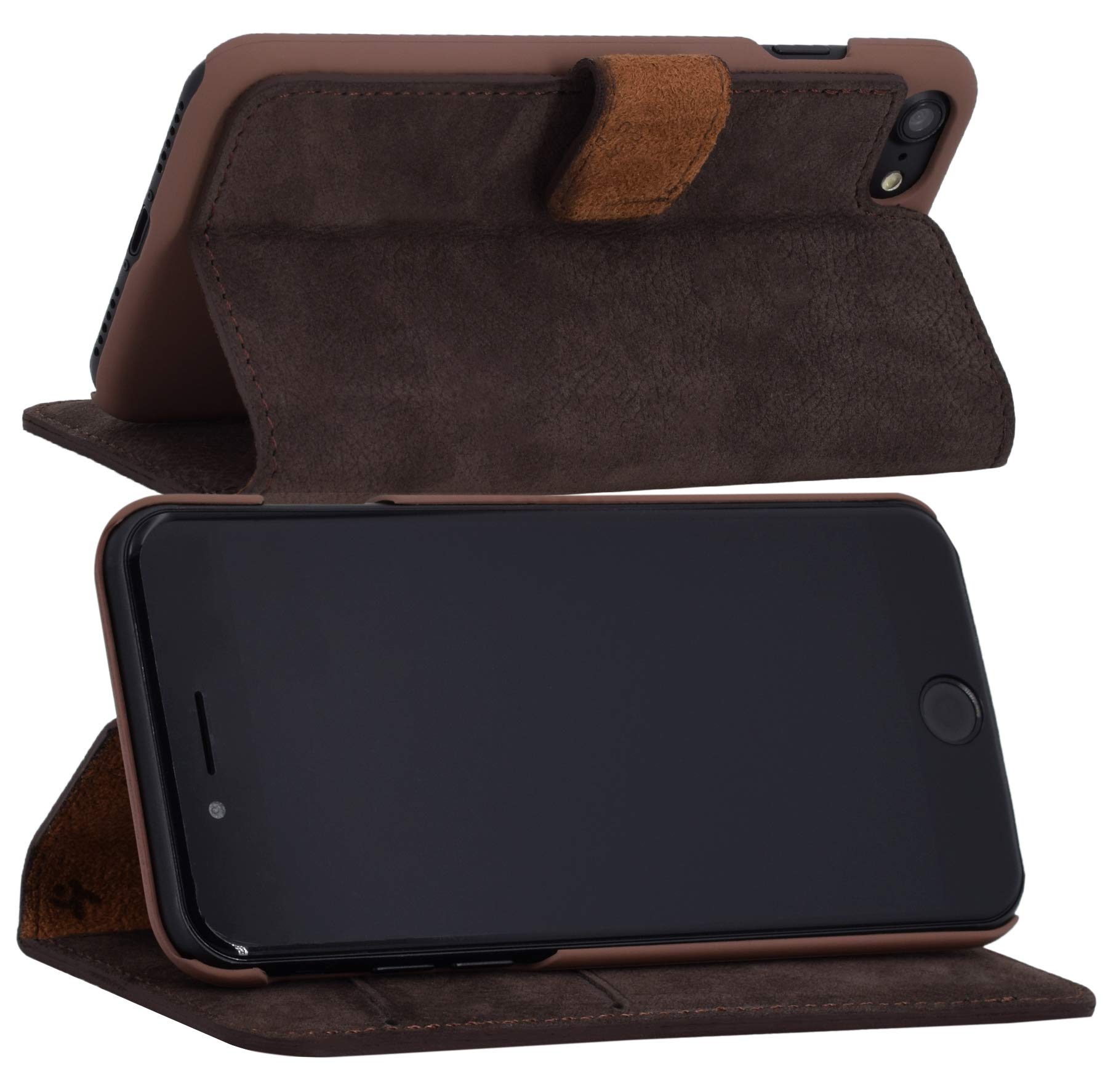 Suncase Custodia a libro compatibile con Apple iPhone SE 3 (2022), in pelle (Slim-Fit), con scomparti per carte di credito, in pelle scamosciata