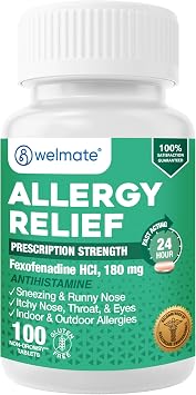 WELMATE, Fexofenadine 180mg, 24-Hour Non-Drowsy Allergy Tablets, 100 Ct