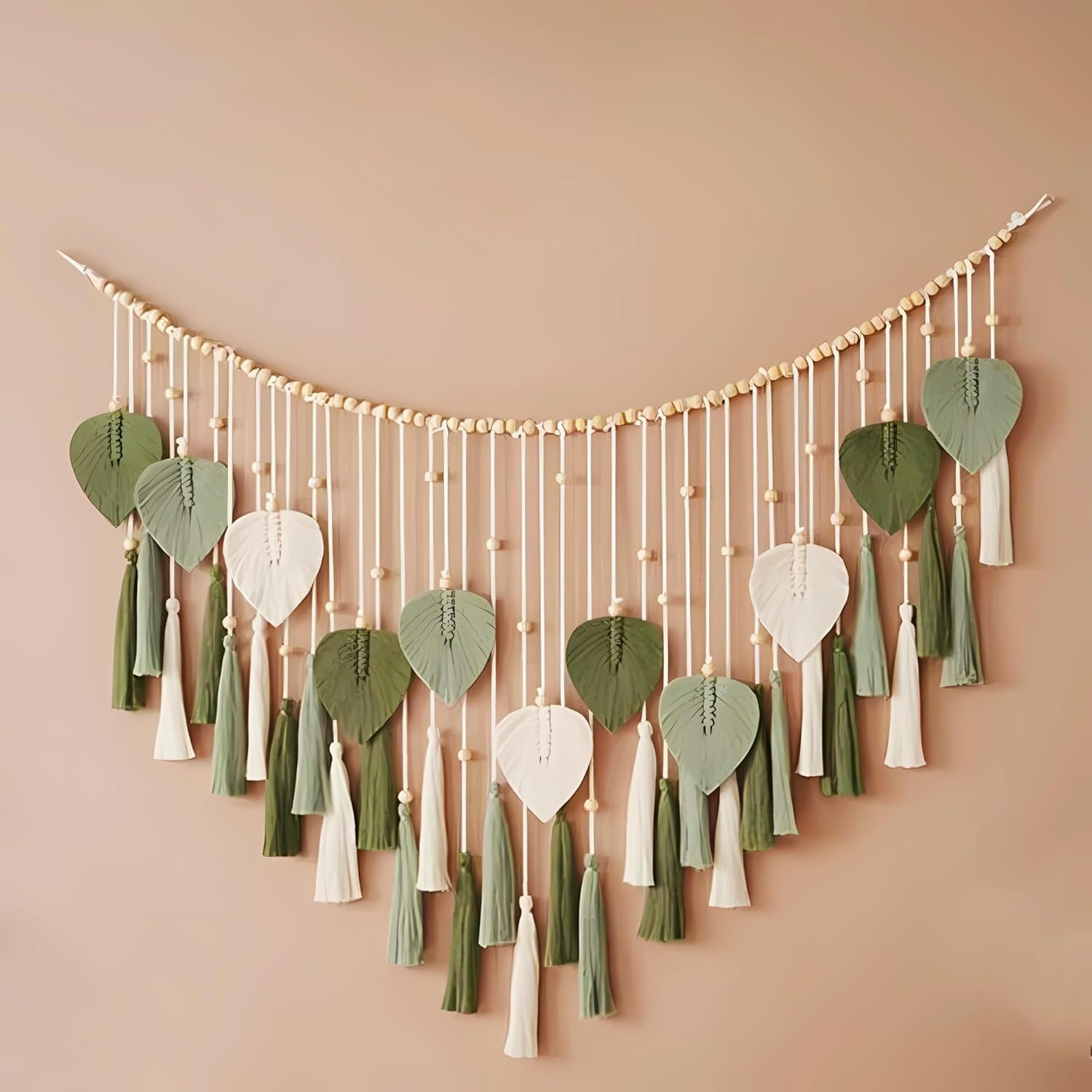 Green Macrame Wall Hanging Decor 29.5" x 49.3”, Chic Boho Leaf Feather Tassel Garland Tapestries for Bedroom Living Room Nursery Decor