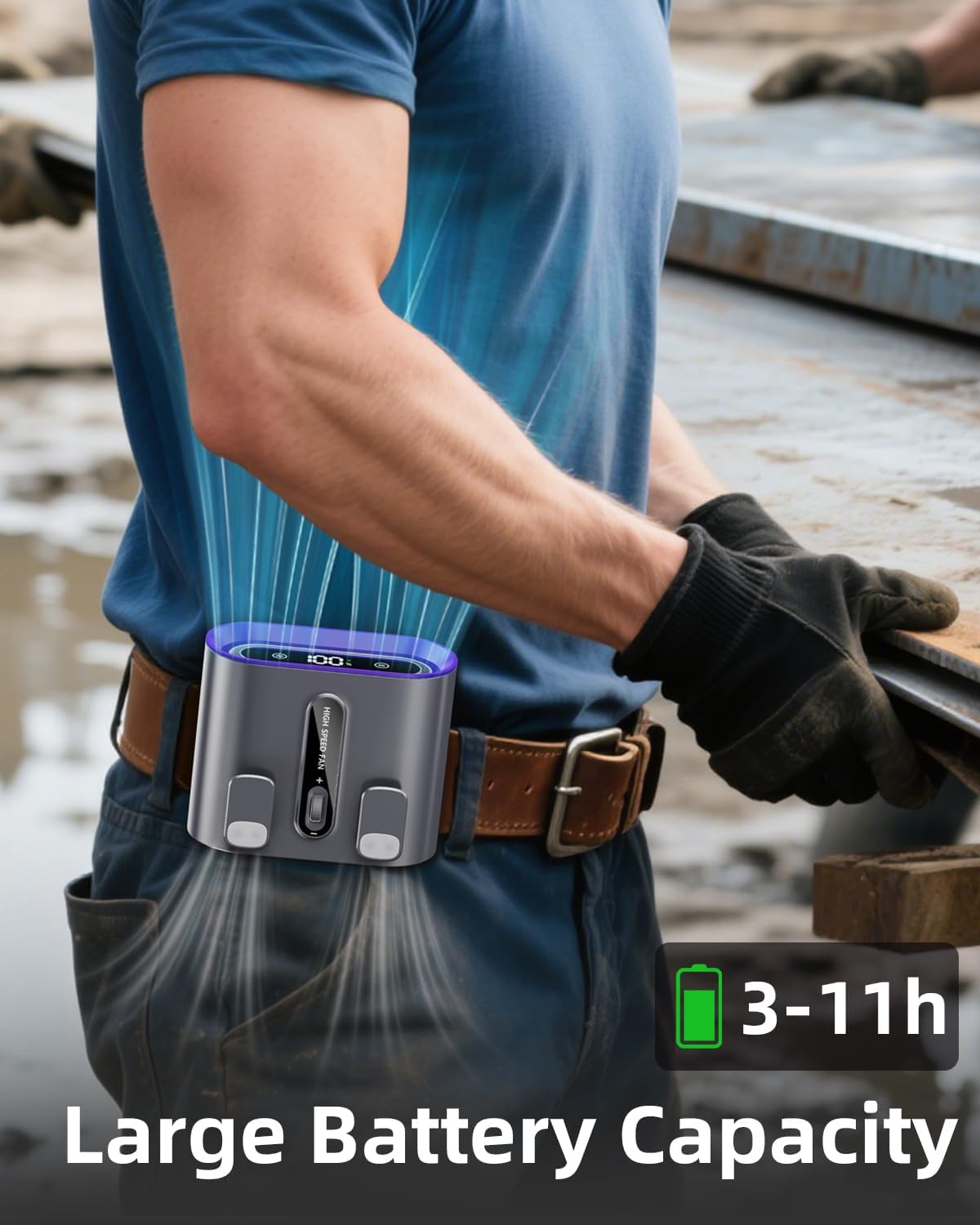 OATSBASF 6000mAh Portable Waist Fan, Personal Waist Clip Fan With LED Display, 100 Speeds 11000RPM Strong Airflow, Night Light, Rechargeable Wearable Belt for Outdoor Jobsite Gardening Farm (Grey)