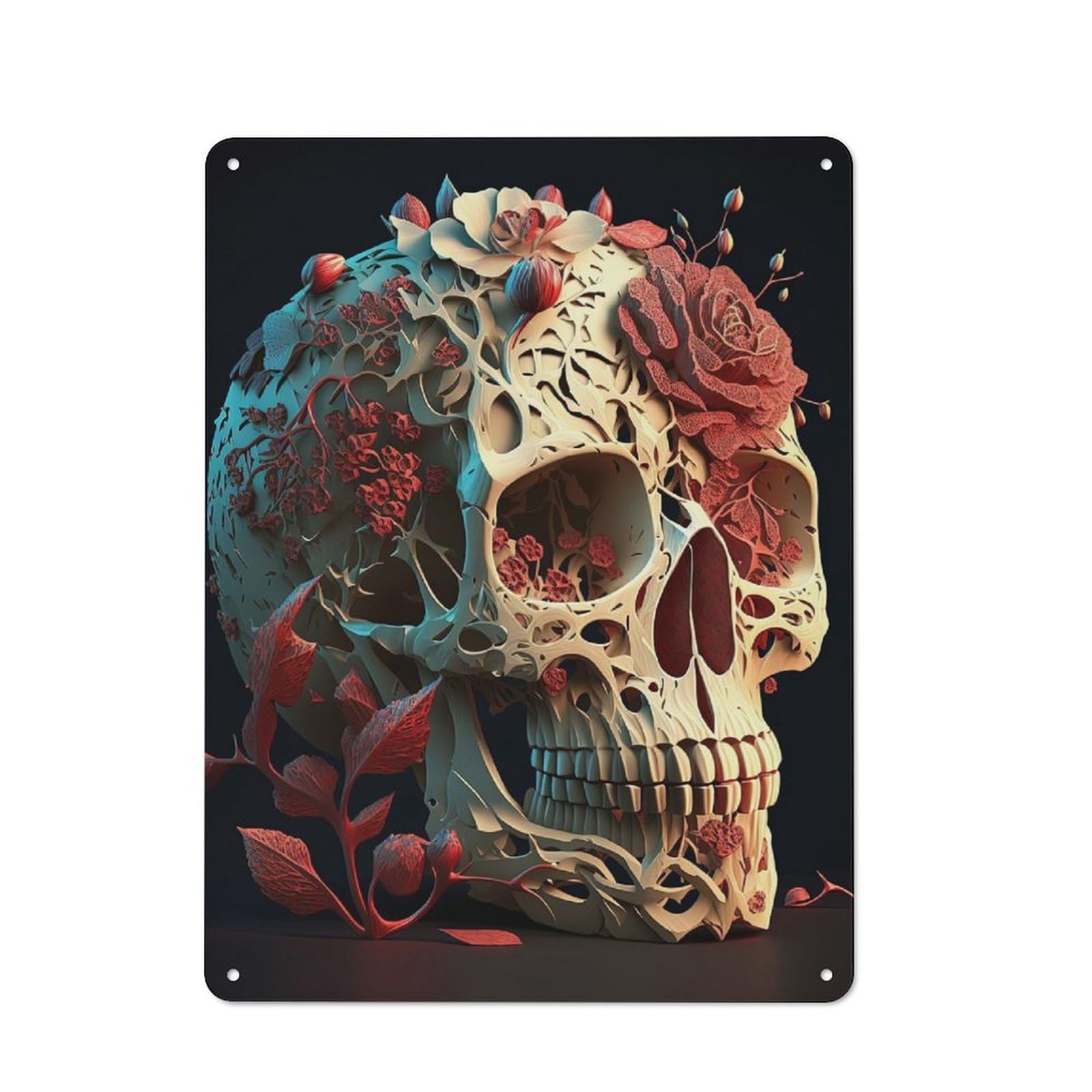 Vintage Metal Plaque 40x30cm Featuring The Rose Skull for Home Bar Wall, A Metal Wall Feature for Home Bars And Entertaining Spaces