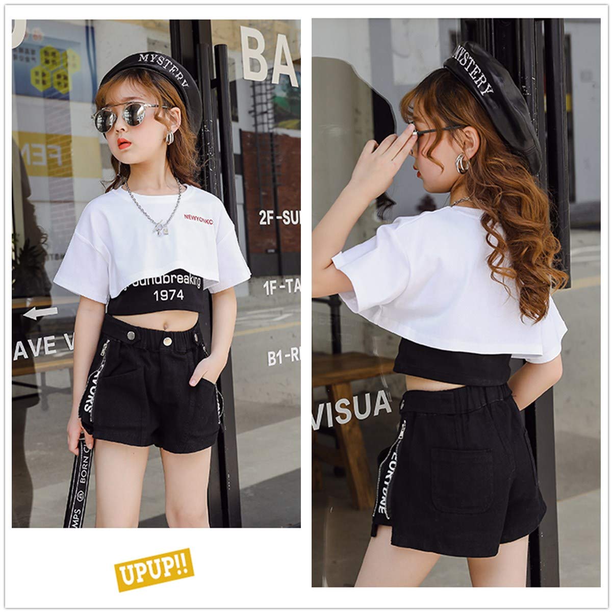 LXXIASHI 3PCS Toddler Baby Girl Summer Outfit Short Sleeve Crop Top + Tank Top + Shorts Set (Letter Print - Black White, 5-6 Years)