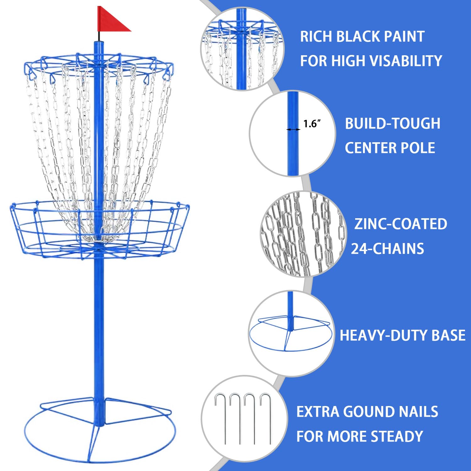 Disc Golf Basket - Portable Disc Golf Target with Heavy Duty 24-Chains Come with 6pcs Disc Golf Discs and Carry Bag, Ground Stake -Suitable for Players of All Levels - Multi Color Available