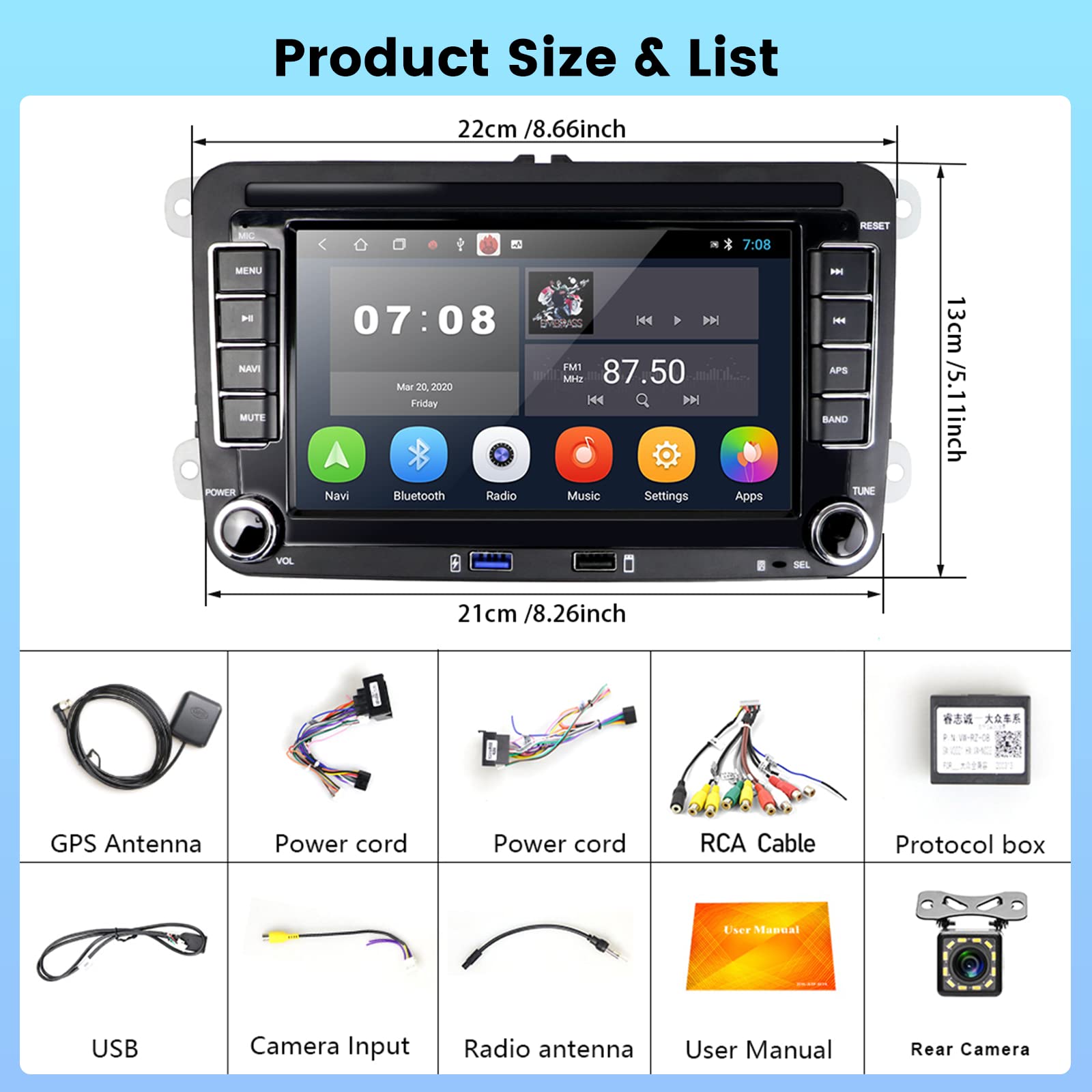 Hikity 2+32GB Android Radio de Coche Wireless Carplay para VW Golf Skoda Polo Passat Tiguan Touran Seat Pantalla Táctil 7 Pulgadas Radio con GPS, WiFi, Android Auto, Bluetooth, FM RDS, Cámara Trasera