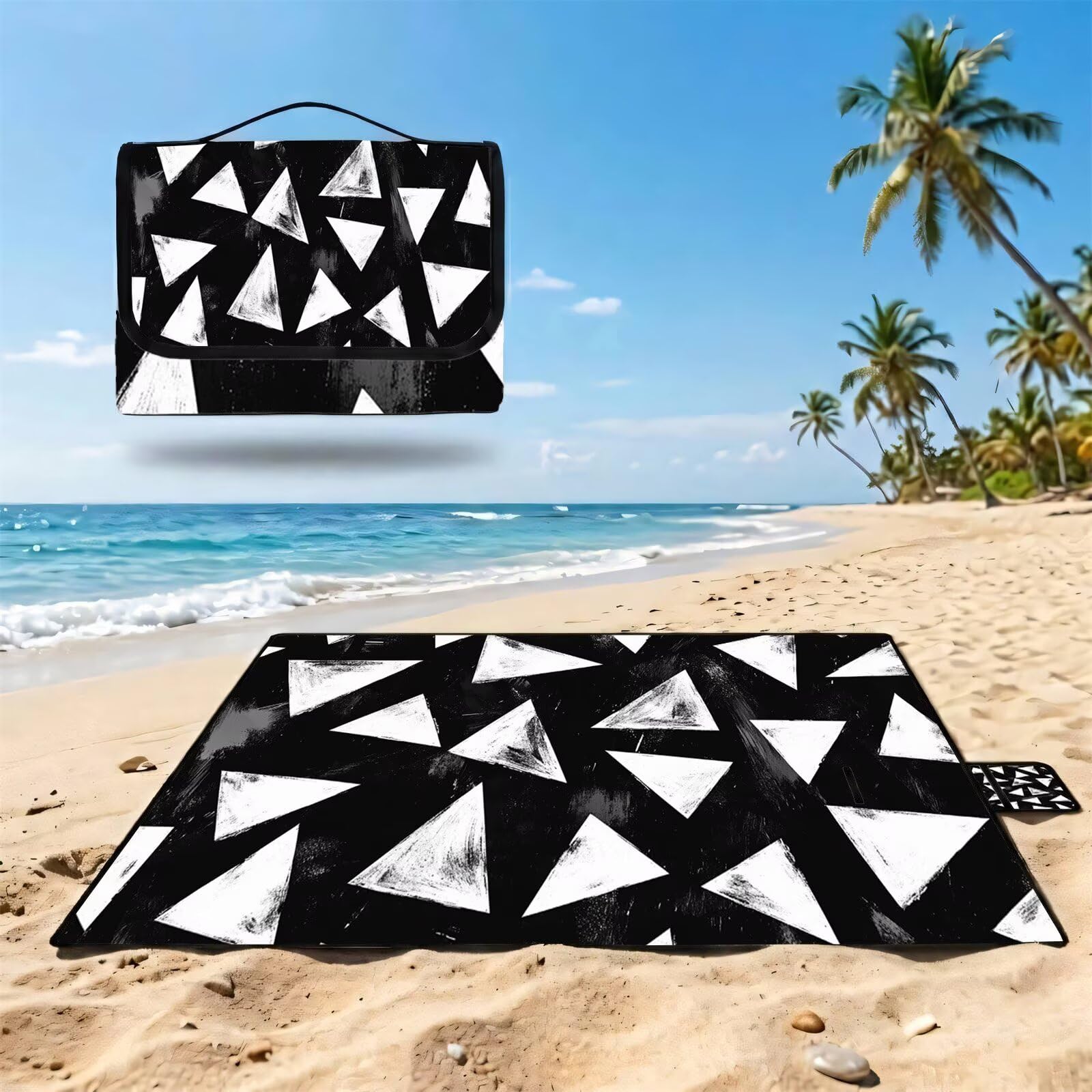 Couverture Pique Nique Grande 200x300cm,Outdoor Couverture Imperméable,Pliable Tapis de Plage Dos en PVC,Picnic Blanket pour Camping Accessoires,Jardin,Parc,Famille - Noir,Blanc,géométrie (6) FZ-117