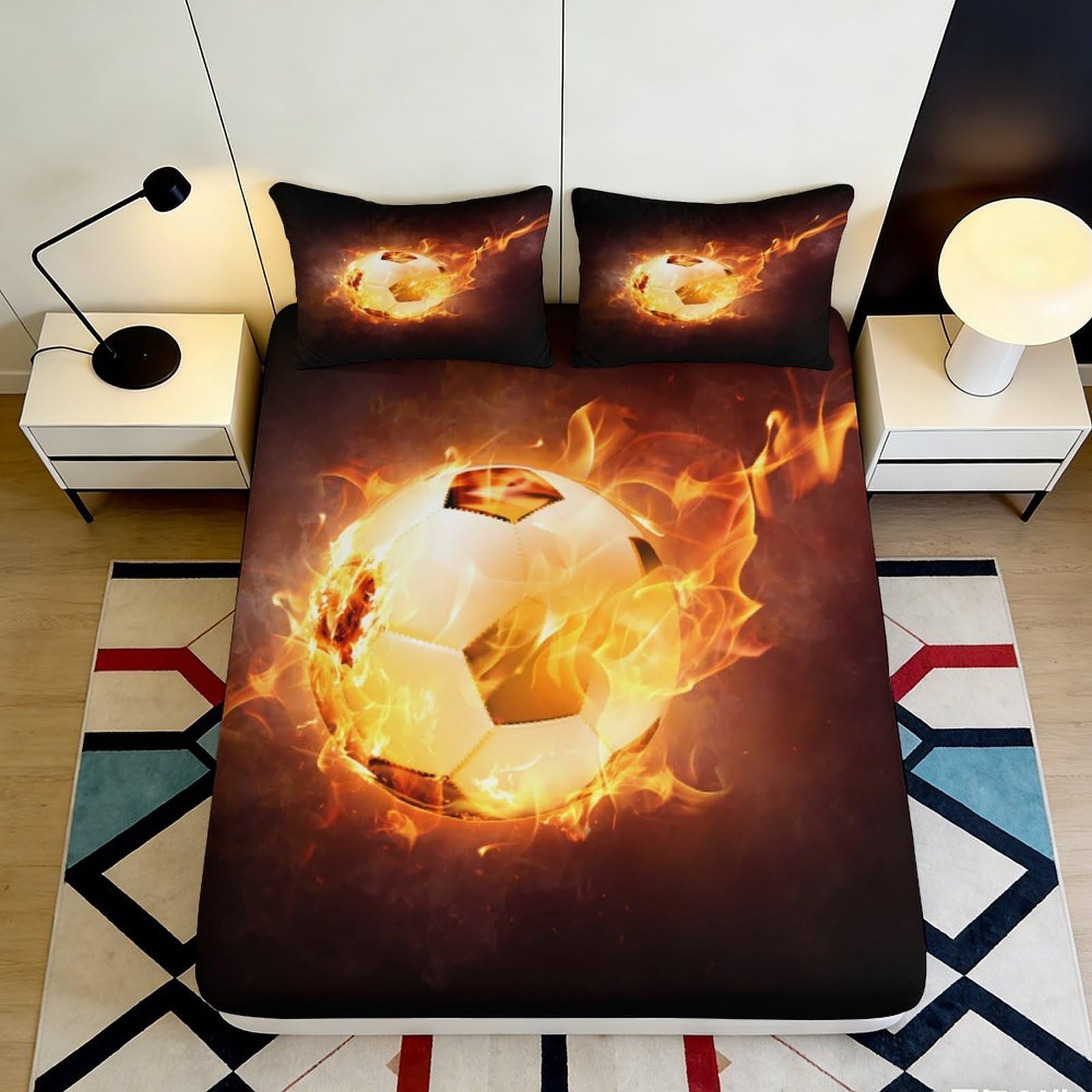 3D Printed Fire Soccer Fitted Sheet Microfiber Orange Flame Bed Cover for Bedroom Dorm Machine Washable Mattress Protection 90x200x25cm