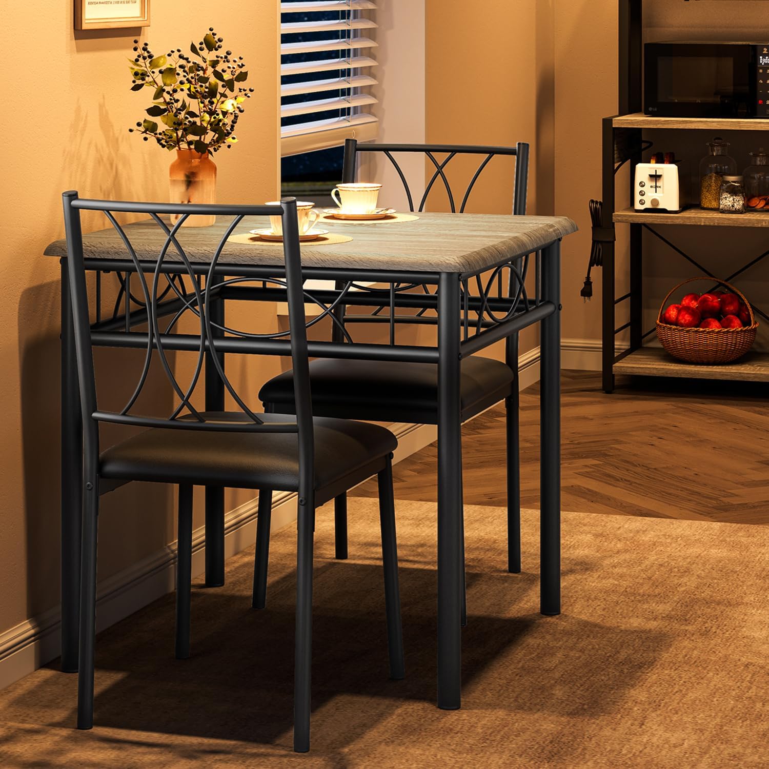 IDEALHOUSE Dining Table Set for 2, Kitchen Table and Chairs for 2, Square Kitchen Table Set with Upholstered Chairs, Dining Room Table Set for Small Space, Apartment, Dinner, Retro Gray