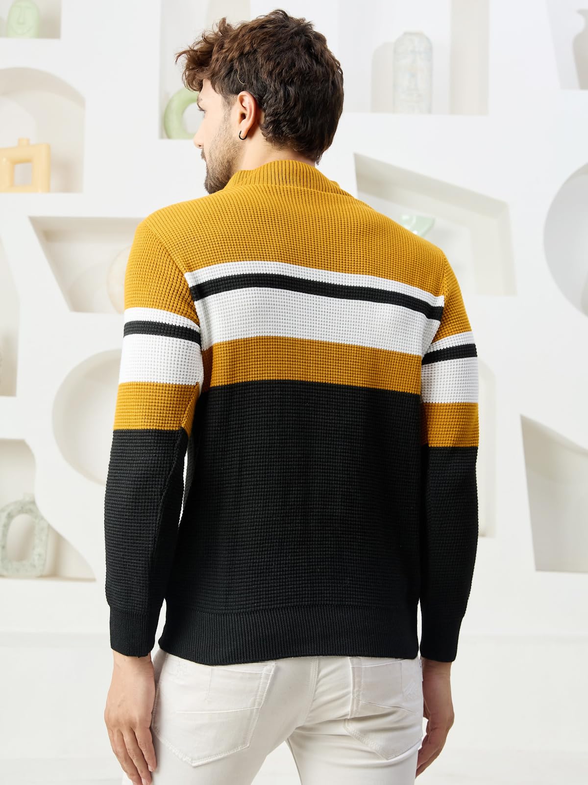 Kvetoo Men High Neck Zip Full Sleeve Woolen Winter Sweater Mustard Black Size XL - Image 3 thumbnail
