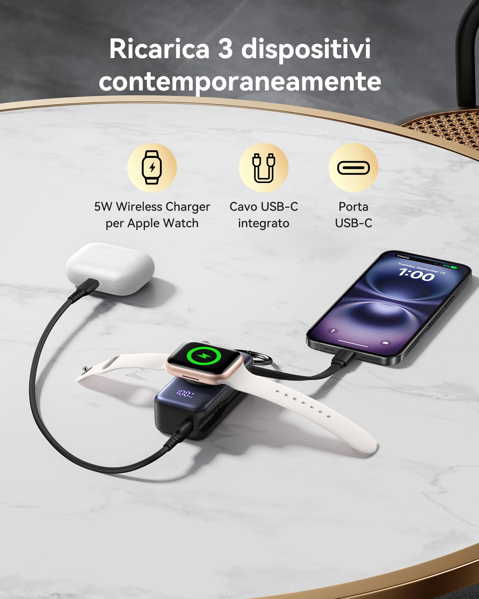 INIU Power bank, Stazione di ricarica per Apple Watch, 5000mAh 20W Powerbank per smartwatch, Caricatore Portatile con Cavo USB-C Integrato, Powerbank per Apple Watch, iPhone 17 16 15, Samsung, Xiaomi