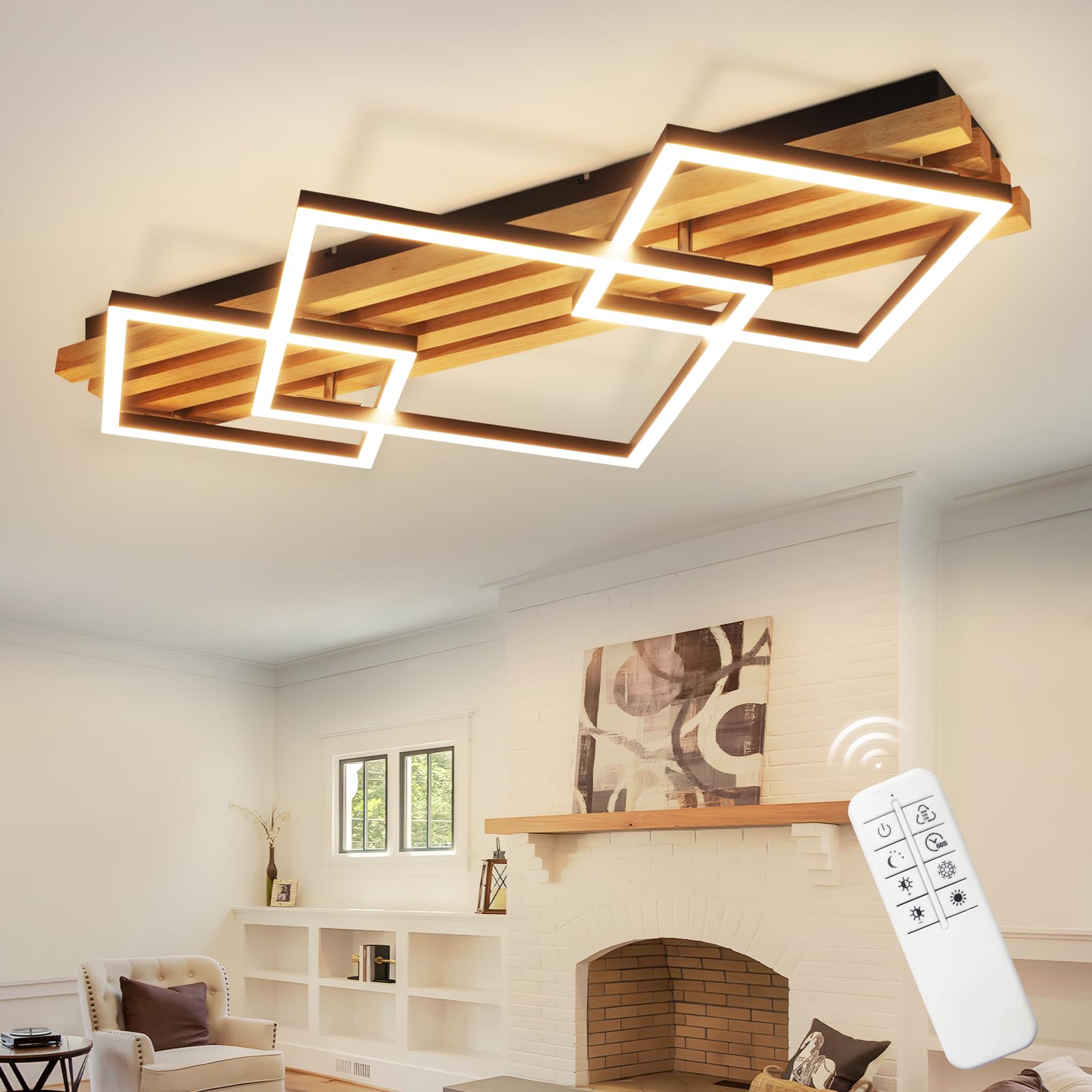 GBLY LED Deckenleuchte Holz: 70cm Deckenlampe Dimmbar Wohnzimmerlampe Modern Schlafzimmerlampe 46W Schwarz eckig küchenlampe fur wohnzimmer schlafzimmer Küchen Flur Büro Lampe, Memory-Funktion