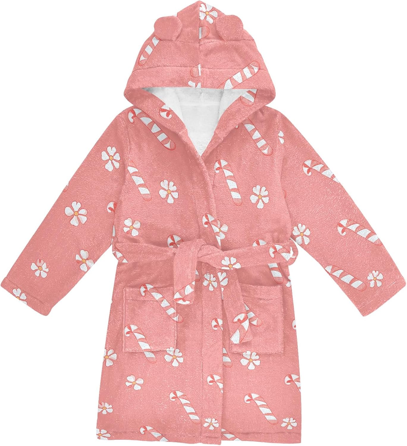 Pink Holiday Candy Cane Toddler Hooded Bathrobe for Boys Girls Soft Plush Bath Towel Robe 2-12 Years