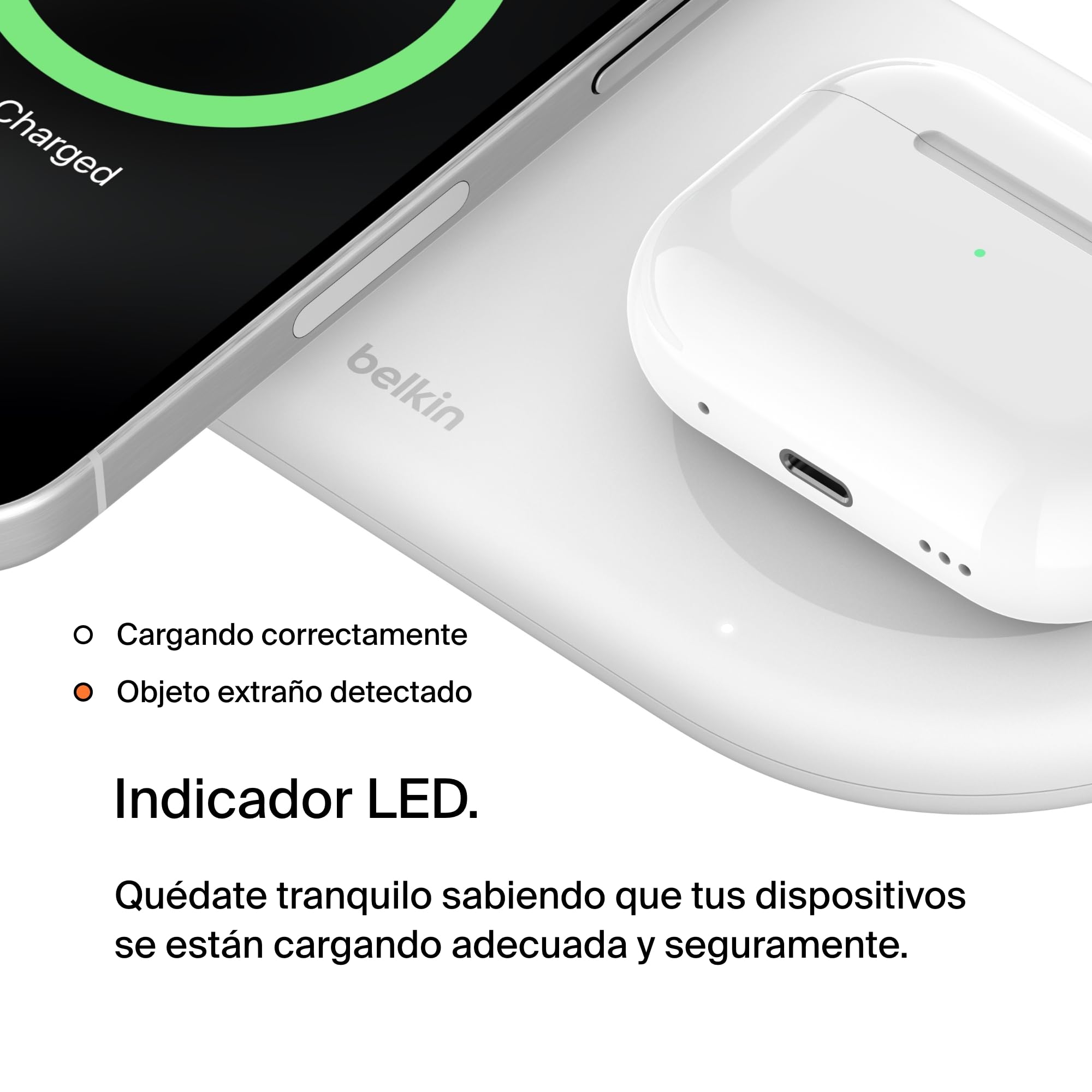 Belkin BoostCharge Pro Cargador Inalámbrico 2 en 1 con tecnología Magnética Qi2, 15W, Estacion de Carga Rápida Inalámbrica Compatible con Magsafe para iPhone 17, Air, Pixelsnap, AirPods - Blanco