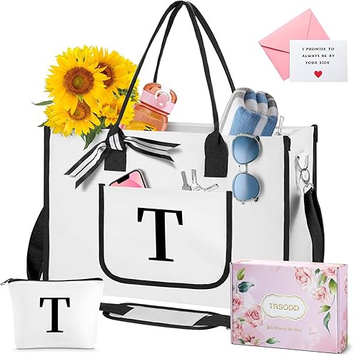 Miniatura 1 de Ini-tial Can-vas - Bolsa de mano para mujer con bolsa de maquillaje, regalo de cumpleaños personalizado para amigos, madre, hermana, dama de honor,