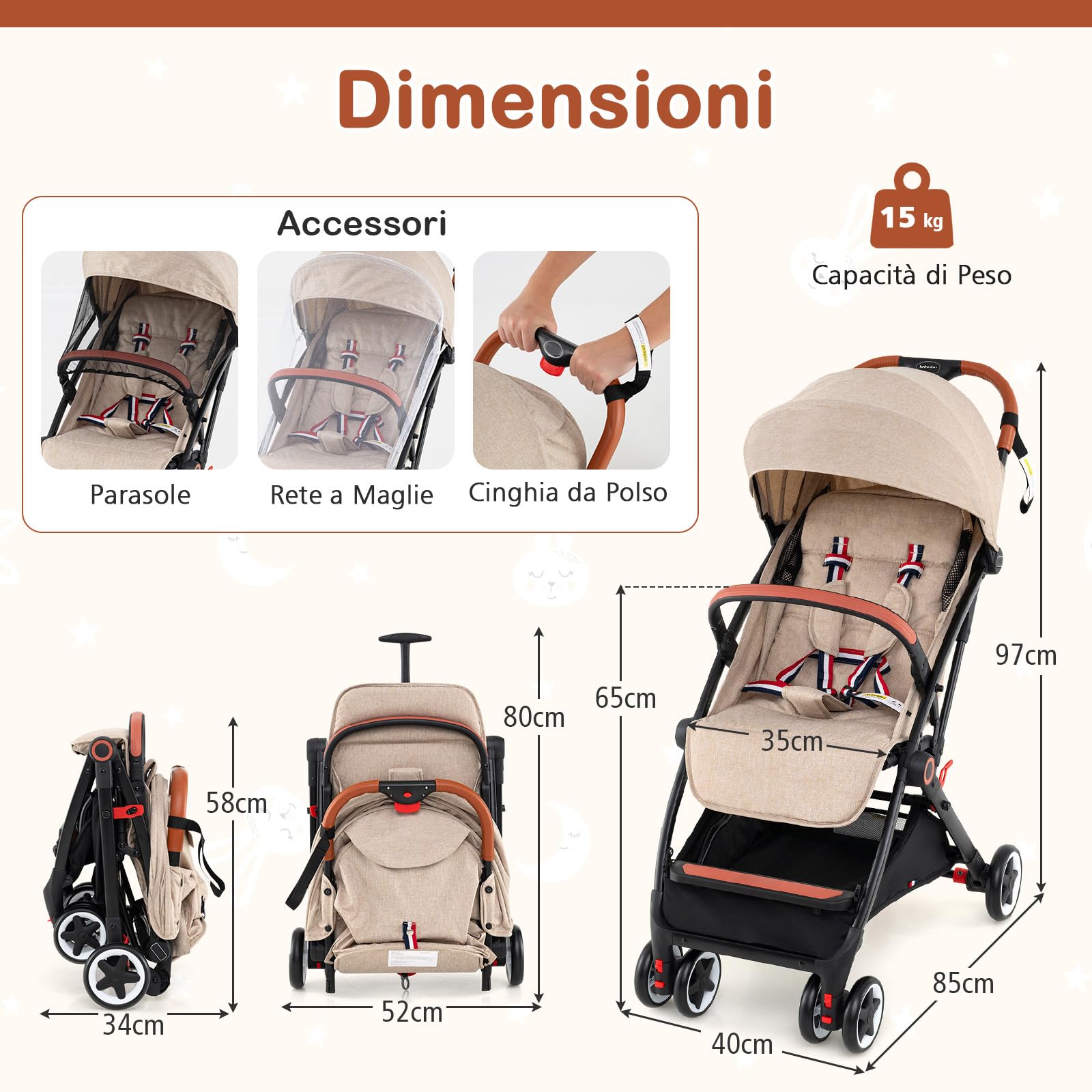 COSTWAY Silla de Paseo Plegable, Cochecito de Bebé con Solo Botón de Plegado, Marco de Aluminio Ligero, Respaldo y Reposapiés Ajustables, Toldo Retráctil para Bebés de 6-36 Meses (Beige, Sin Mochila)