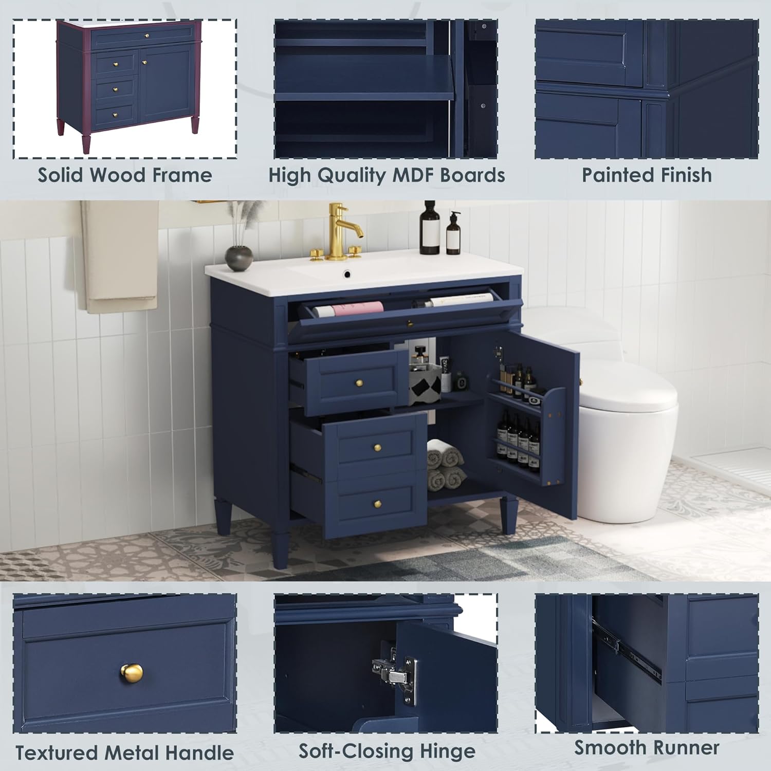 Merax 30 Inch Bathroom Vanity with Ceramic Sink, Solid Wood Frame Modern Bathroom Sink Storage Cabinet with 2 Drawers and a Tip-Out Drawer, Single Sink Bathroom Vanities, Navy Blue