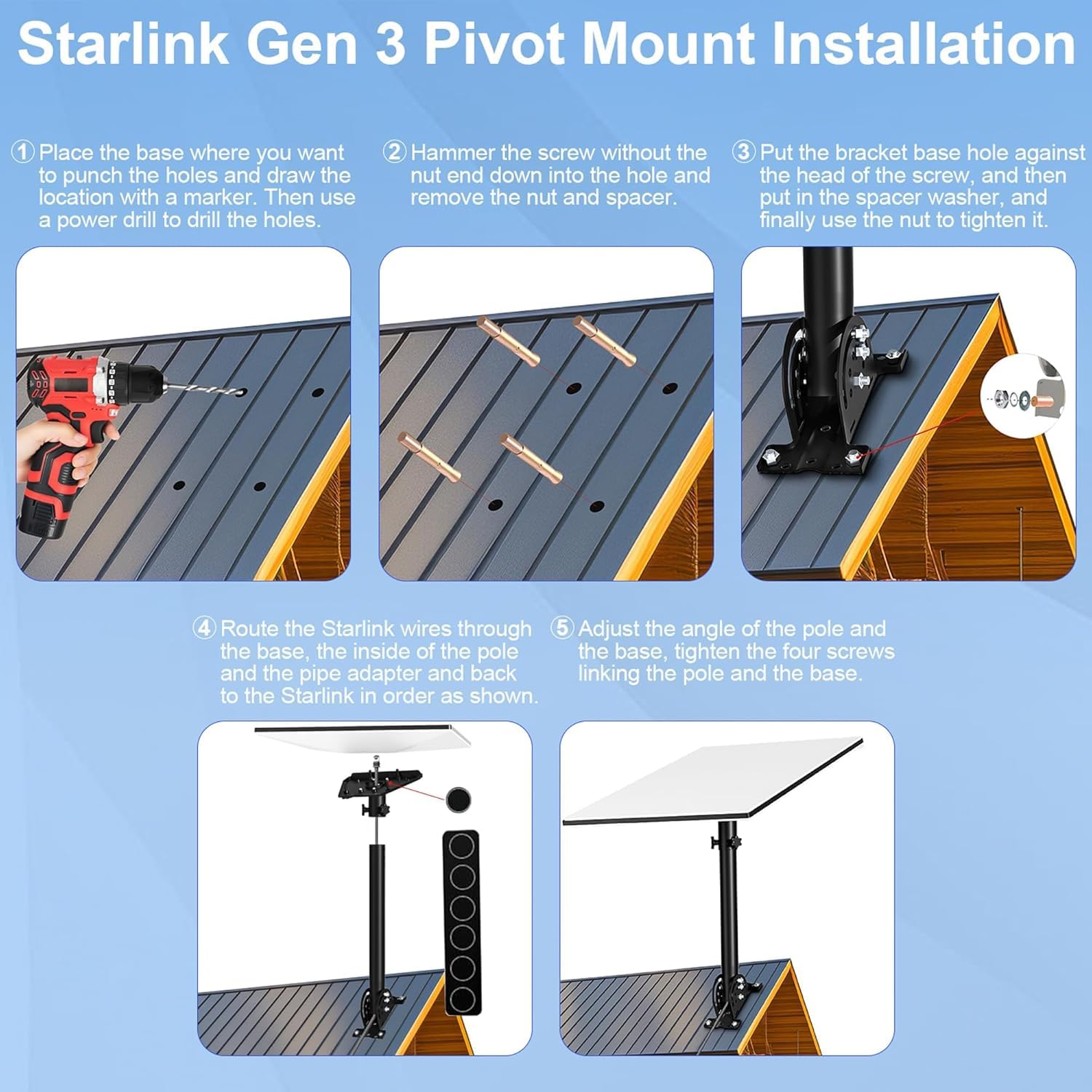 Soporte de Techo para Antena Starlink Gen3 con Adaptador para Conducto - Kit de Internet Satelital de PRUBOVI Compatible con Antena Estándar Gen3 (V3)
