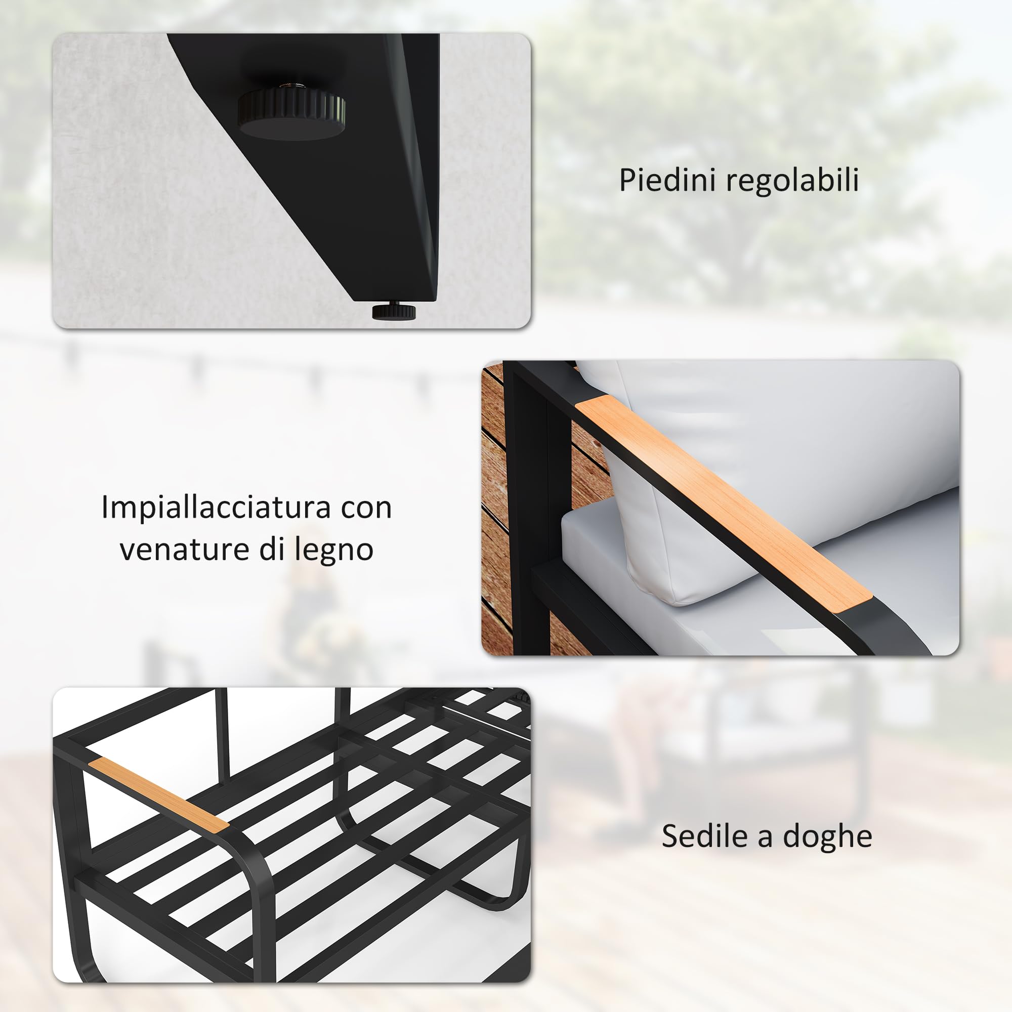 Outsunny Set Salotto da Giardino da 3 Pezzi, con Divanetto da Esterno a 3 Posti Regolabile in 5 Posizioni, Divano 2 Posti, Tavolo da Caffè in Vetro e Cuscini, Set di Mobili in Metallo, Grigio/Nero