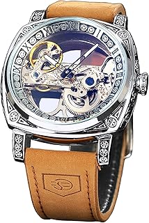 FORSINING メンズラグジュアリースクエアカービング機械式腕時計、レトロトーテム両面中空スケルトン自動巻き腕時計、ヴィンテージレザーストラップ腕時計, シルバー, 機械式