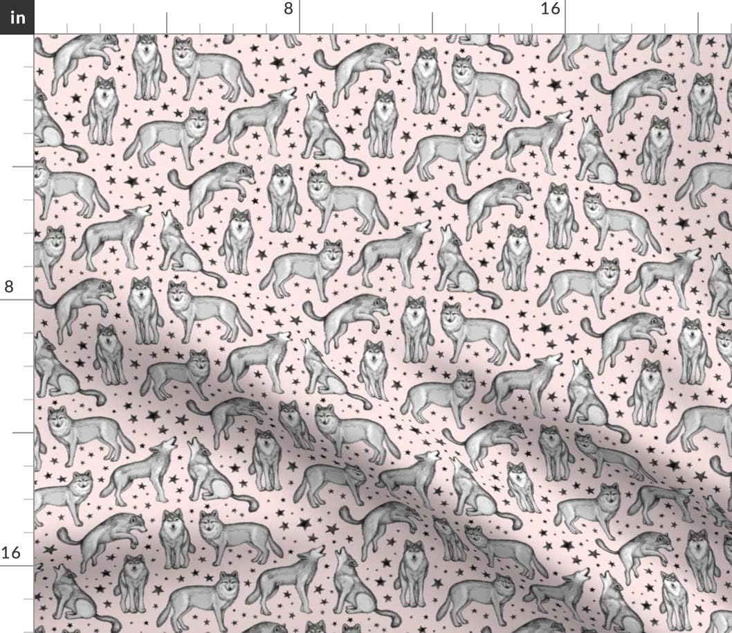 Spoonflower Fabric - Wolves Stars Pink Wolf Star Illustration Animal Cute Printed on Petal Signature Cotton Fabric by The Yard - Sewing Quilting Apparel Crafts Decor