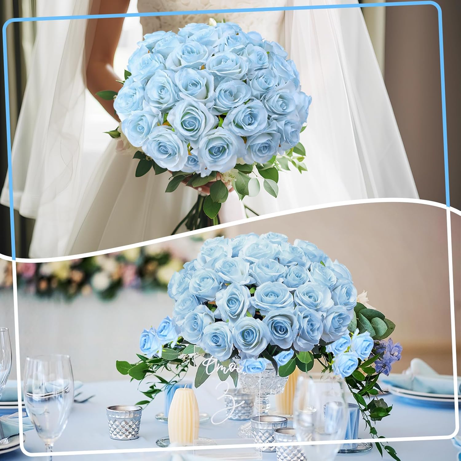 68 Pcs Ice Blue Artificial Roses Fake Flowers,Silk Flowers with Stems for DIY Wedding Bridal Shower Centerpieces Arrangements Tables Decorations - Image 6