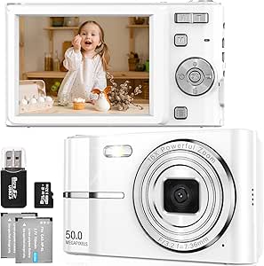 FAYIBUY Cámara Fotos 50MP 1080P FHD Cámara Digital Compacta con Zoom 16X Cámara Compacta con Tarjeta 32GB Recargable Compacta Portátil Cámara para Niños Principiantes Adulto (Blanco)