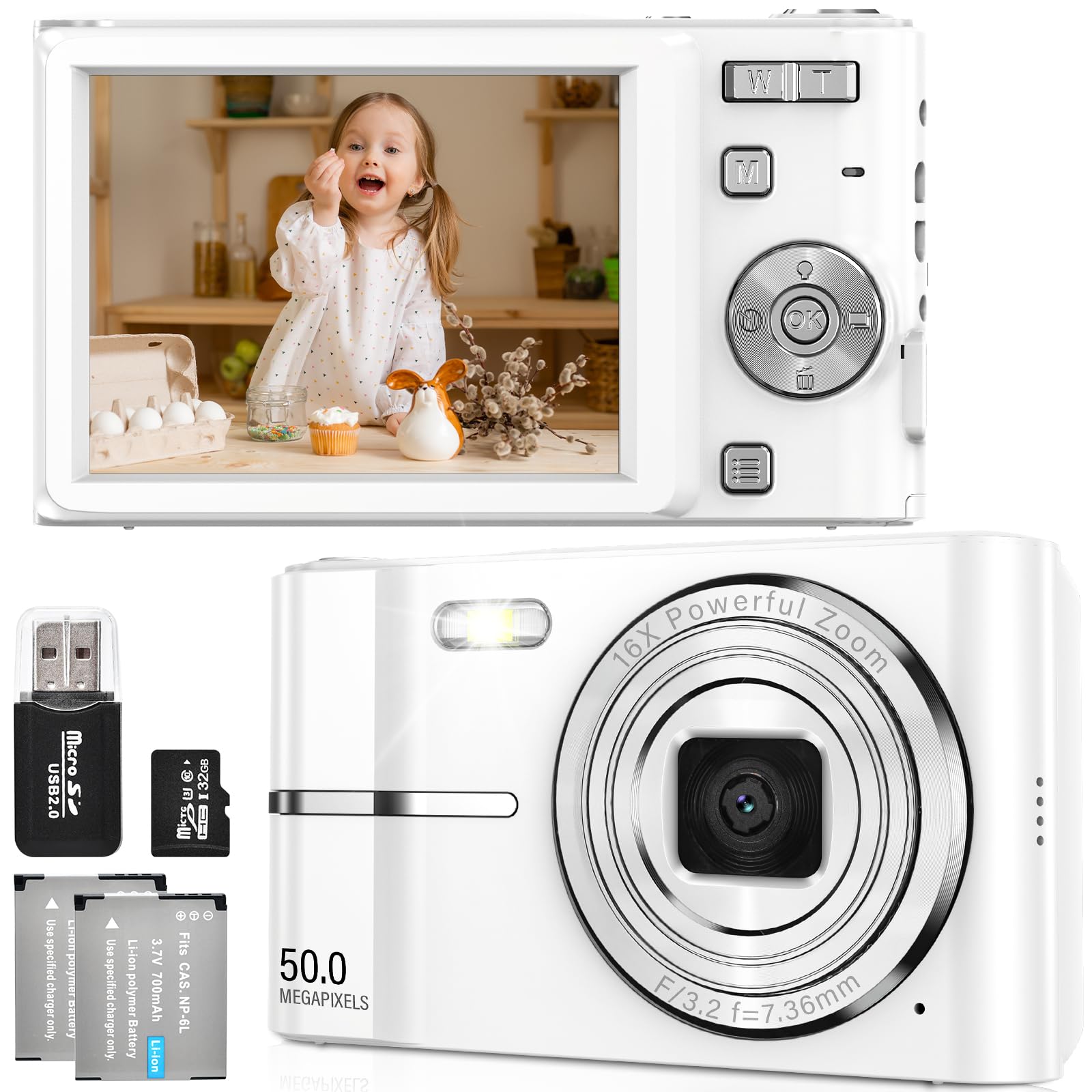 FAYIBUY Digital Camera 50MP 1080P FHD Photo Camera with Auto Focus 16X Digital Zoom Camera Portable Compact Camera with 32GB SD Card for Children Teenagers Beginners Gift (White)