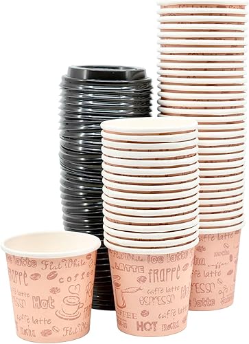 Miniatura 8 de Vasos de papel espresso desechables de 4 onzas con tapas negras, 50 juegos, impresión, tomas de muestra de porciones pequeñas (50, impresión)