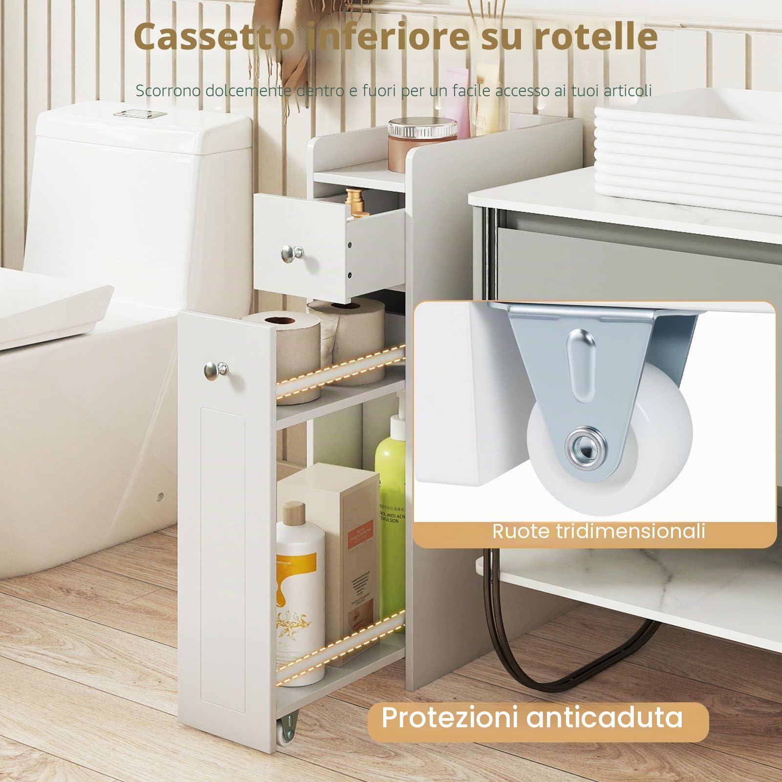 LIFEZEAL Mobiletto Bagno Salvaspazio, Stretto, 18x40x70cm, con Cassetto, Porta Carta Igienica, Scaffale Scorrevole con Ruote, Armadietto Bagno, Carrello, Piccolo, Moderno, in Legno (bianco)