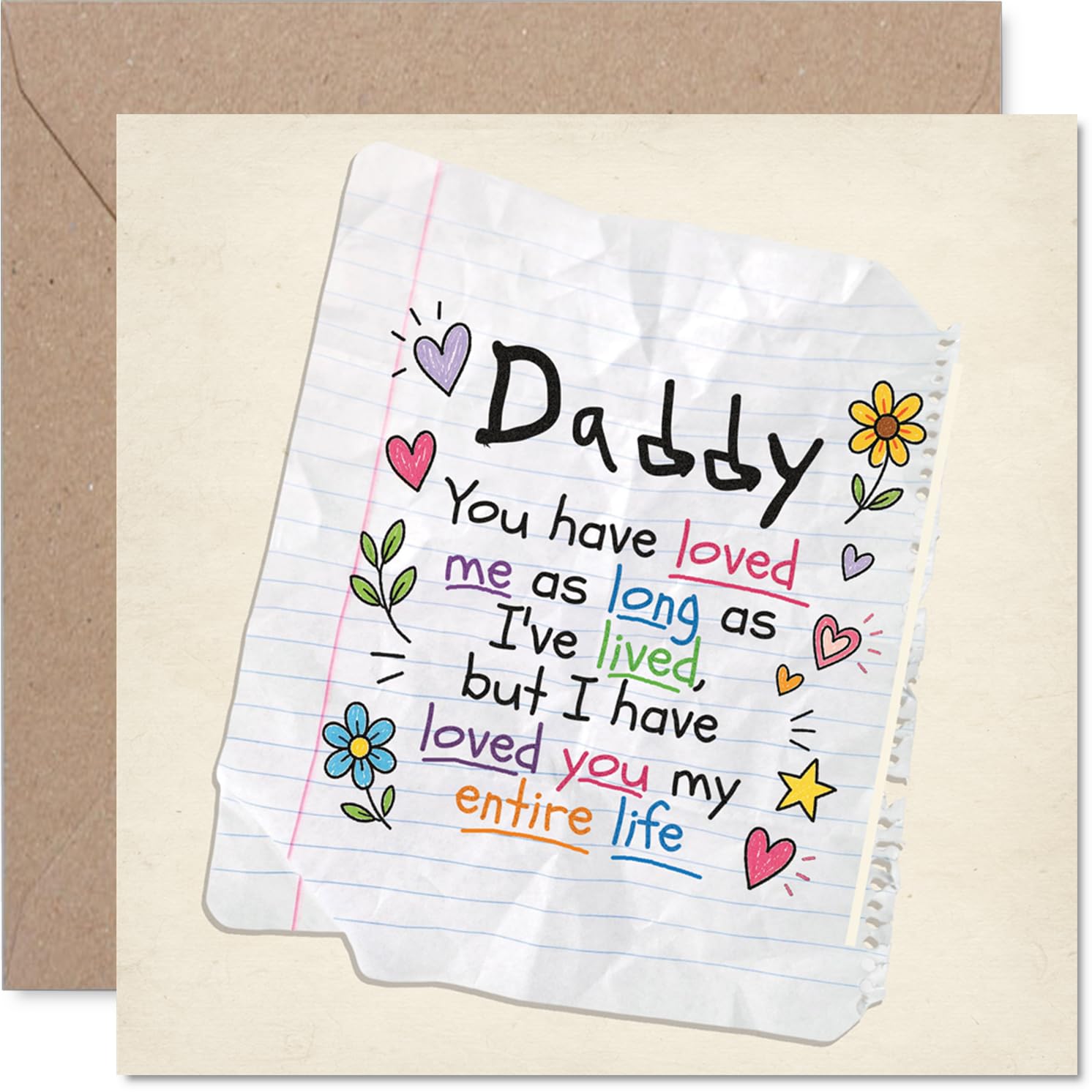 Sentimental Birthday Card for Daddy - Childlike Doodles and Heartfelt Words, Father's Day - 145mm Square, Envelope Included