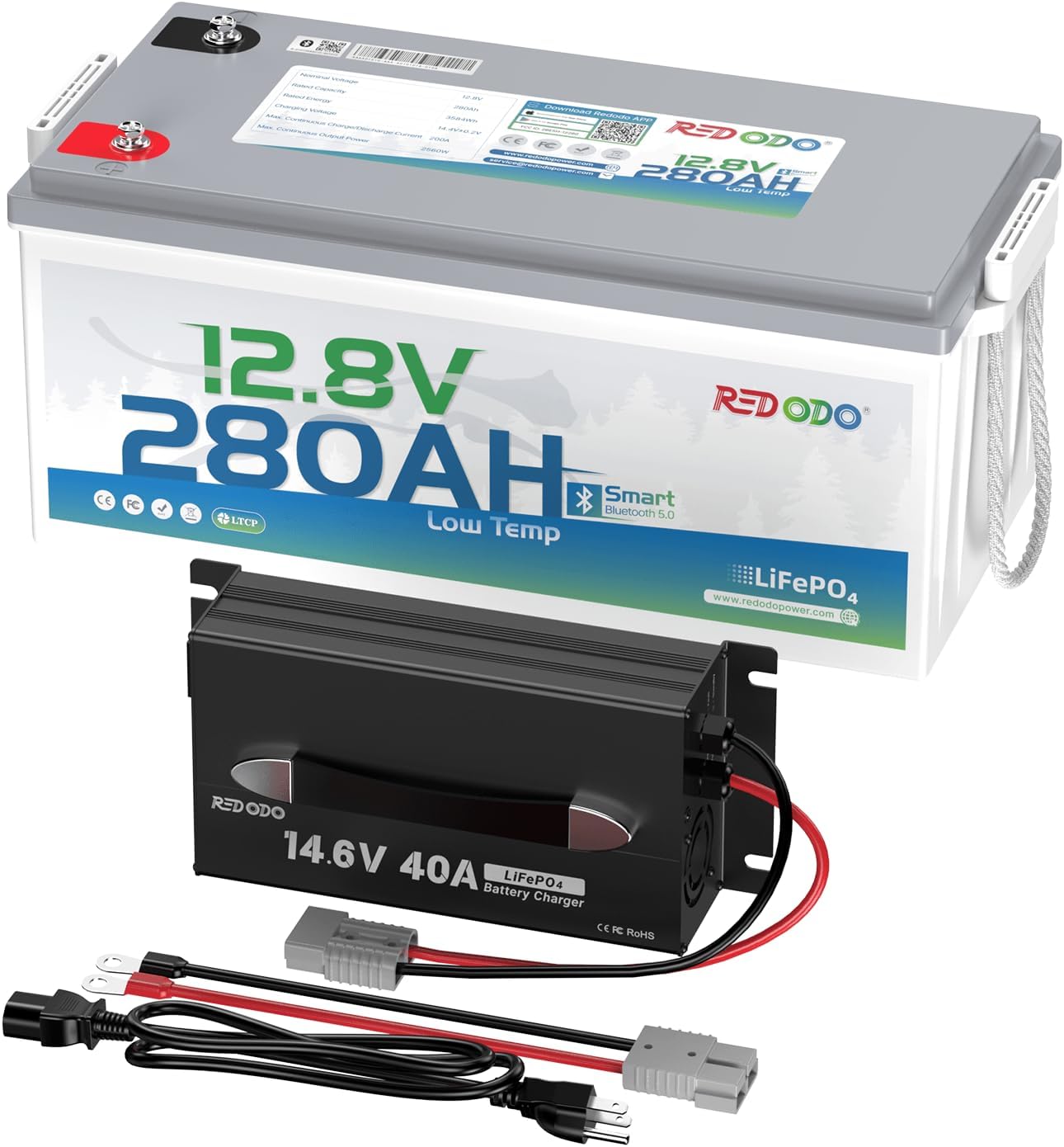 Redodo 12V 280Ah Bluetooth Lifepo4 Battery with 14.6V 40A Charger, Low Temp Cut-Off Max 3584Wh Lithium Battery with 200A BMS, 4000+ Cycle, Ideal for Trolling Motor, Marine, RV and Off Grid