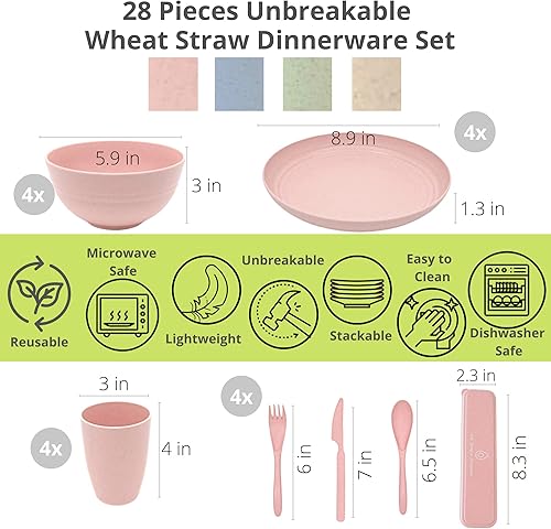 Miniatura 2 de Juego de vajilla de paja de trigo irrompible (28 piezas) – Juego de platos the Simply Avocado para 4 – Juego de vajilla para niños – Platos de