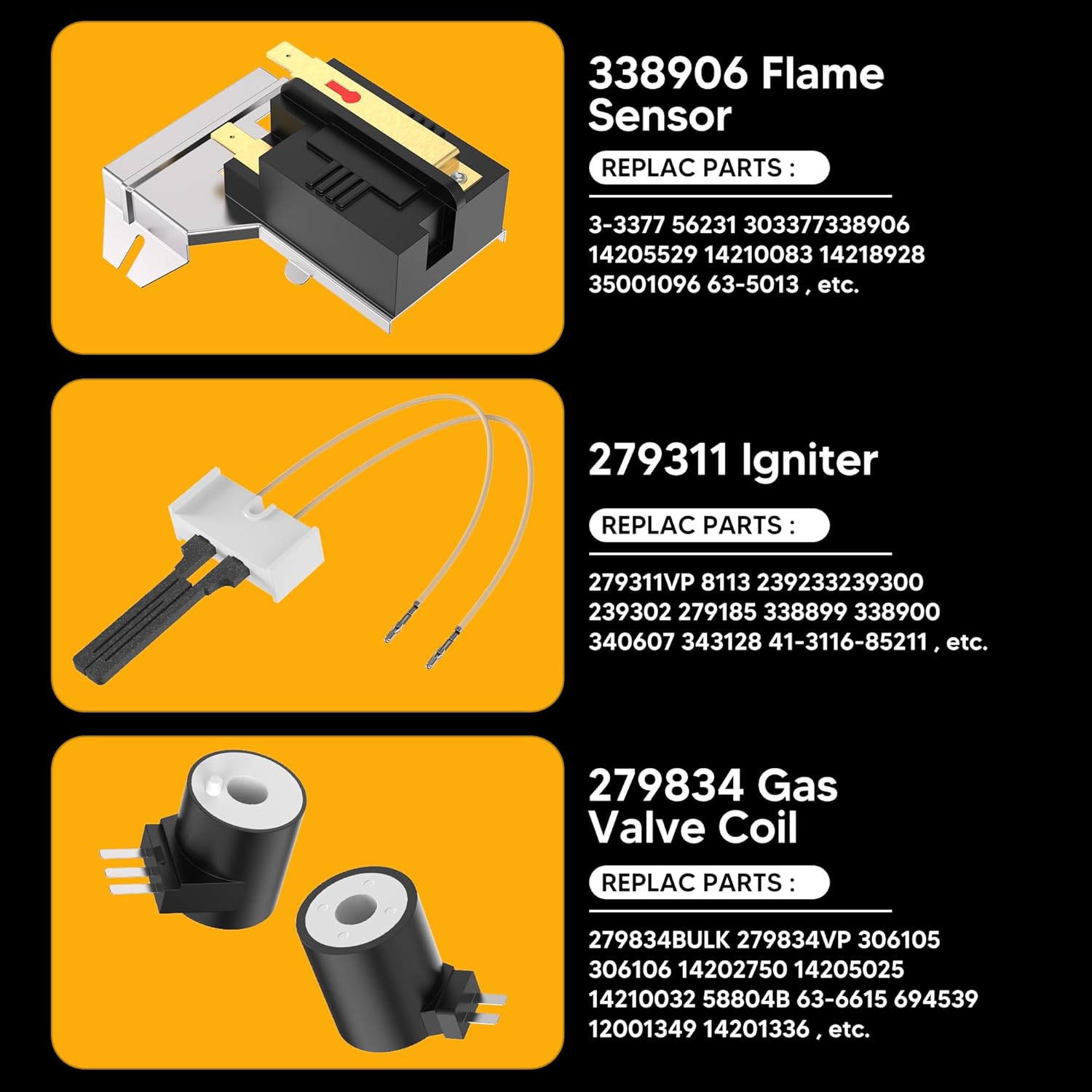 Gas Dryer Repair Kit Includes 279311 Igniter 279834 Gas Valve Coils 338906 Flame Sensor Replacement for Whirlpool Kenmore Maytag Gas Dryers