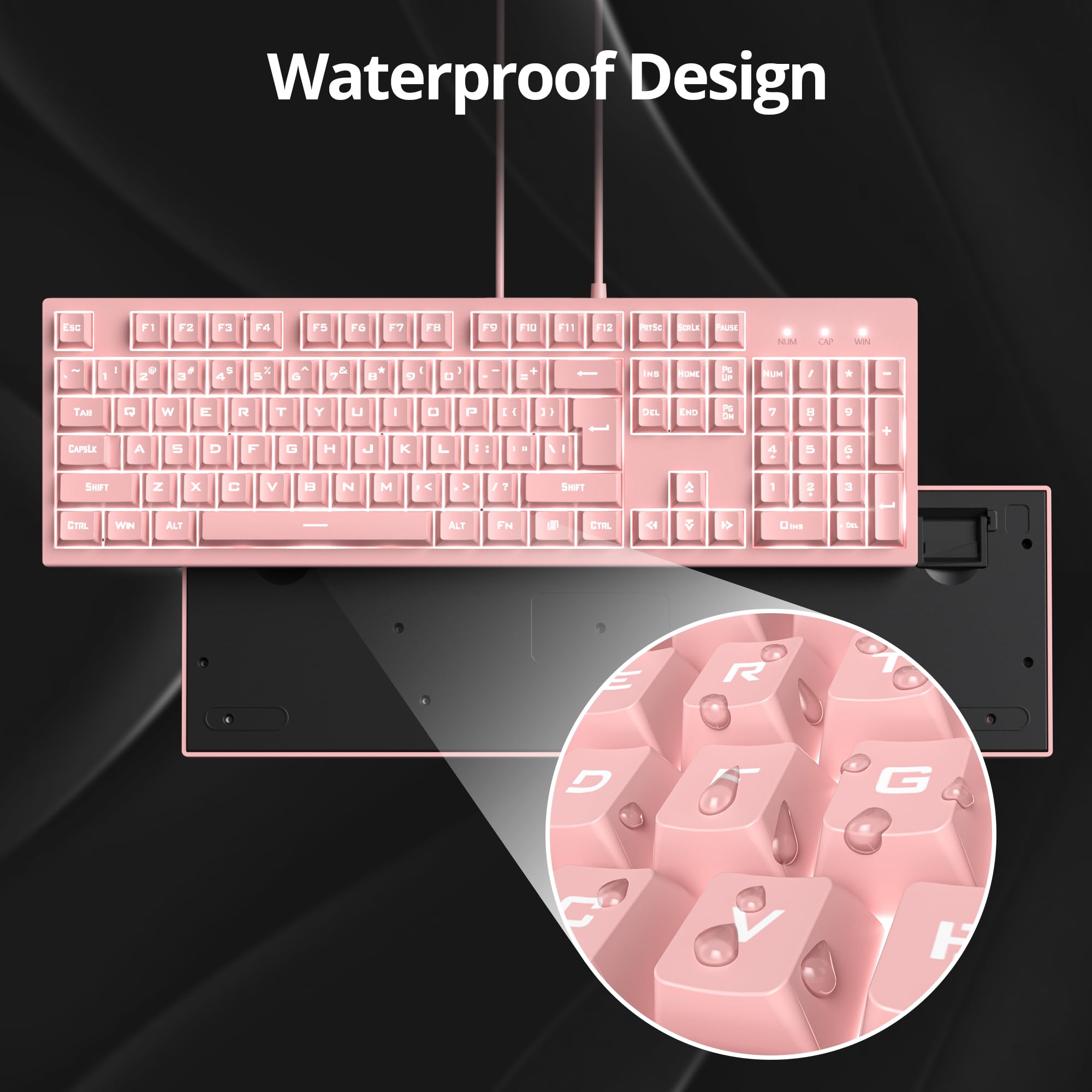 Tastiera da gioco con 104 tasti, retroilluminata a LED, tastiera con cavo, tastiera meccanica a doppio scatto, tastiera a membrana per PC e laptop (104 rosa)