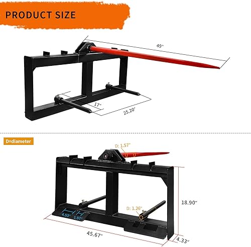 Miniatura 4 de YINTATECH Cargador de tractor de heno y minicargadora de tractor de 49 pulgadas, 2000 libras, fijación rápida para tractores Bobcat con 2 piezas de