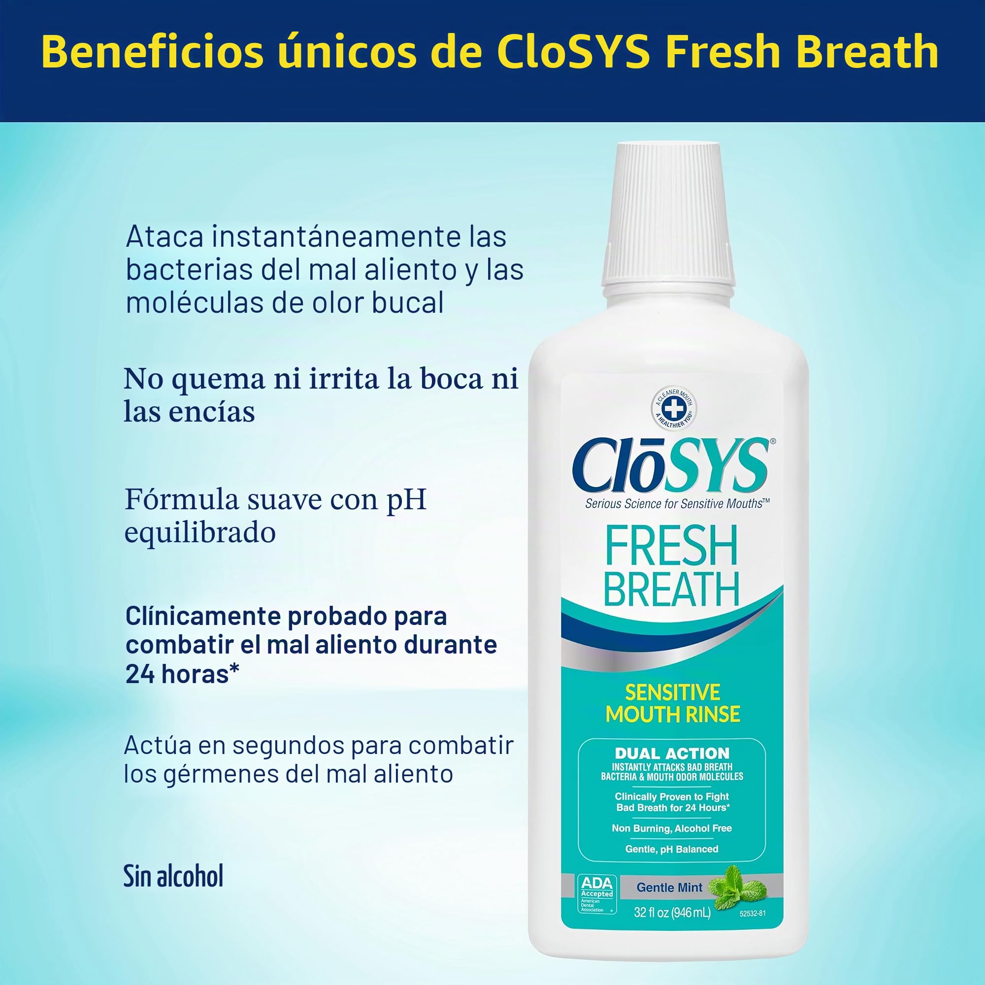 CloSYS - Enjuague bucal antimicrobiano sensible, menta suave, 32 oz, 2 unidades