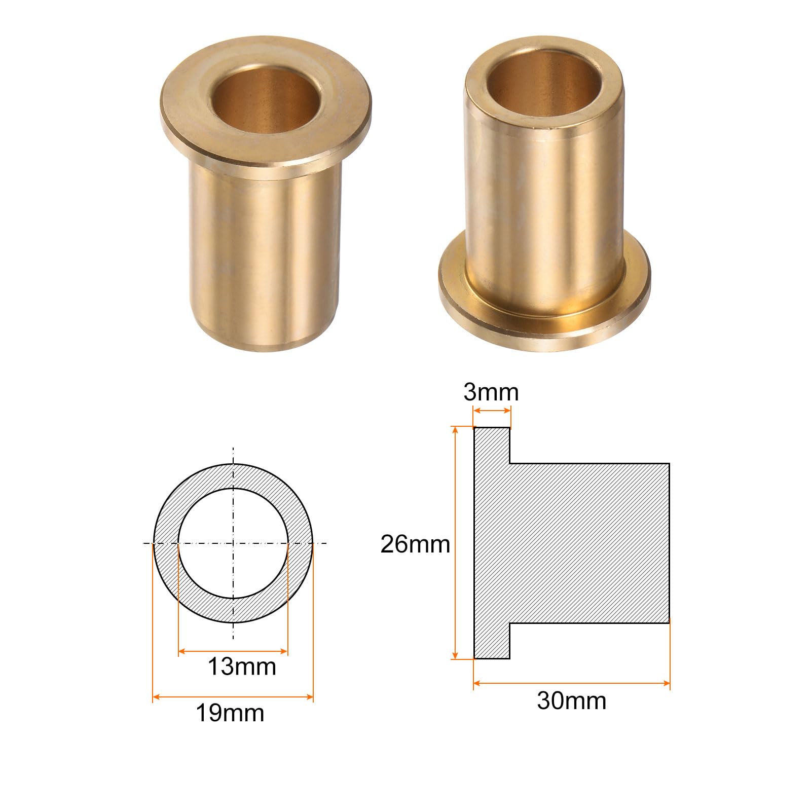 QUARKZMAN 2pcs Bride Roulement Manchon 13mm Alésage 19mm OD 30mm Longueur 3mm Bride Épaisseur Bronze Douille Autolubrifiant Douilles Manchon pour Industriel Équipement