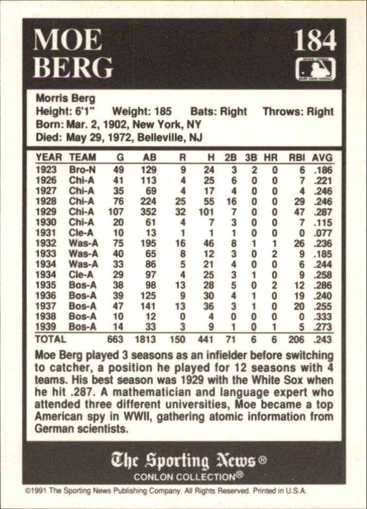 1991 Conlon TSN Baseball Card #184 Moe Berg Near Mint/Mint