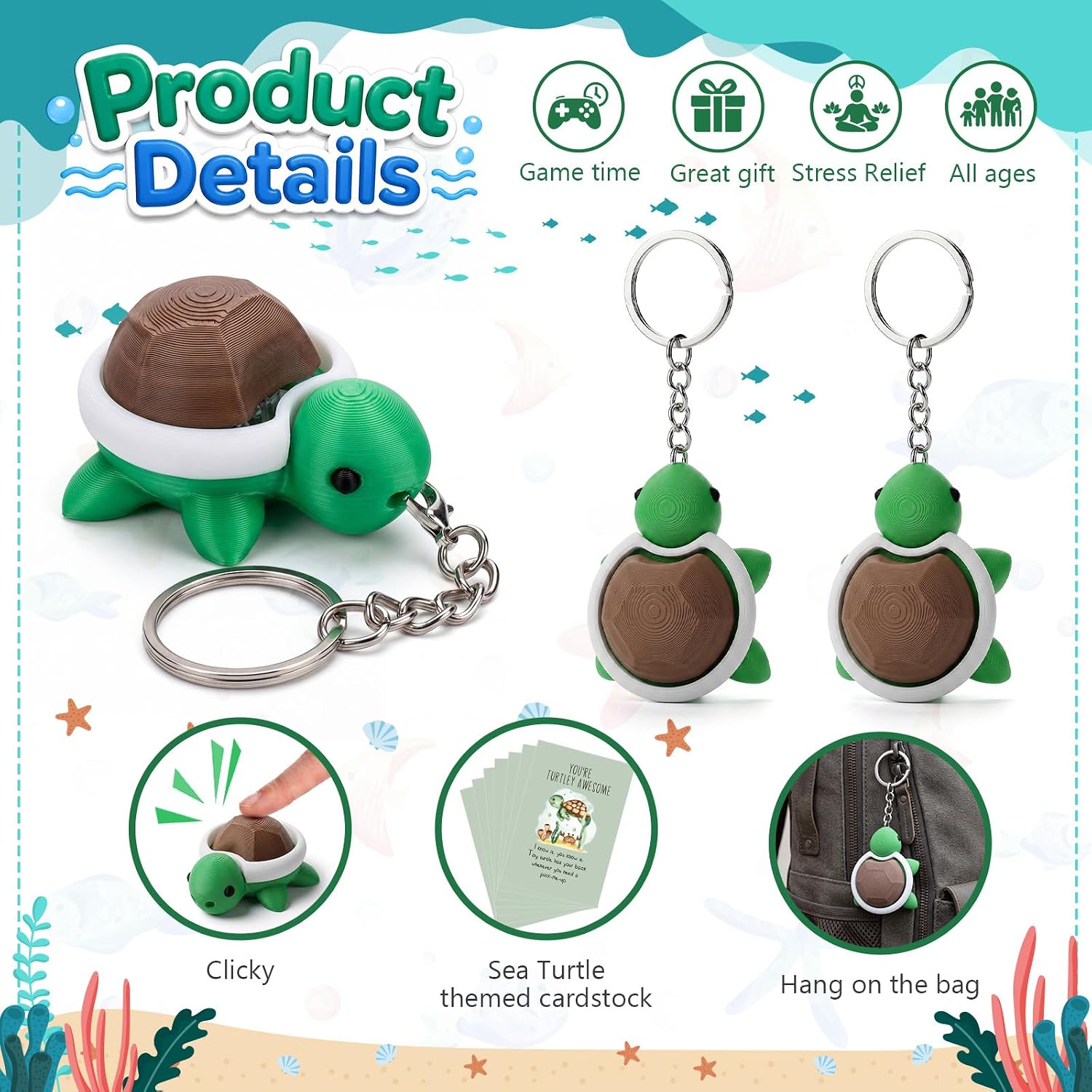 Junkin 24 Sets Turtle Fidget Clicker Keychains Bulk Sea Turtle Push Button Stress Relief Clicker Keychain with Inspirational Cards Gifts for Teacher Back to School Coworkers Team Party Favors