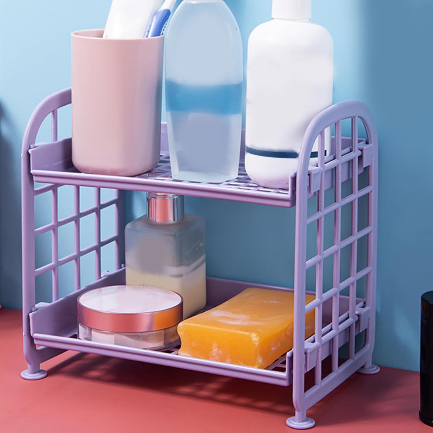 2 Tier Foldable Storage Rack, Desktop Organizer Bins for Cosmetics and Jewelry, Plastic Shelf for Bathroom Kitchen Bedroom Office, Space Saving Solution