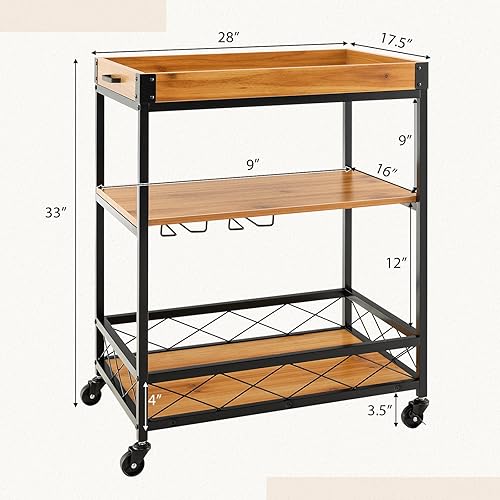 Miniatura 9 de Giantex Carrito de bar con ruedas, carrito de servicio móvil de 3 niveles con bandeja extraíble, soporte para vidrio, estantes abiertos para
