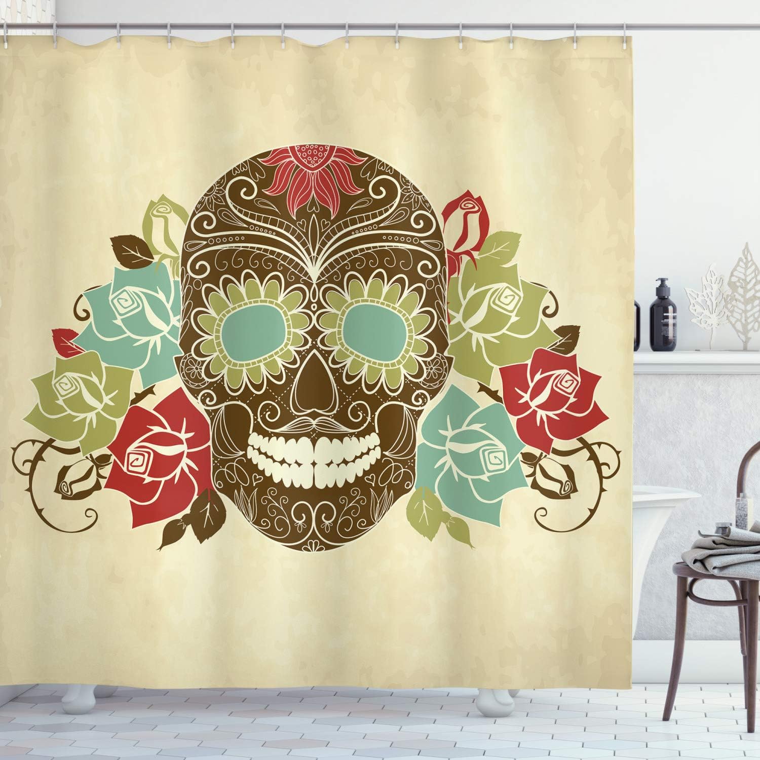 Ambesonne Sugar Skull Shower Curtain, Skull and Roses Colorful Vintage Composition with Smiling Gothic Face, Cloth Fabric Bathroom Decor Set with Hooks, 69" W x 75" L, Cream Khaki