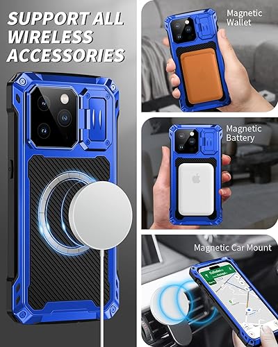 Miniatura 5 de Lanhiem Funda de metal para iPhone 14 Pro Max, soporte de cámara integrado y protector de pantalla de vidrio templado protectora resistente de