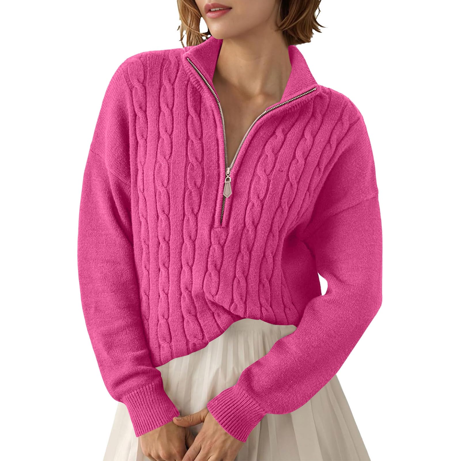 Sweater for Women Knit Long Sleeve Fashion Soft Pullover Casual Loose Fit Fall Winter Tops Half Zip Stand