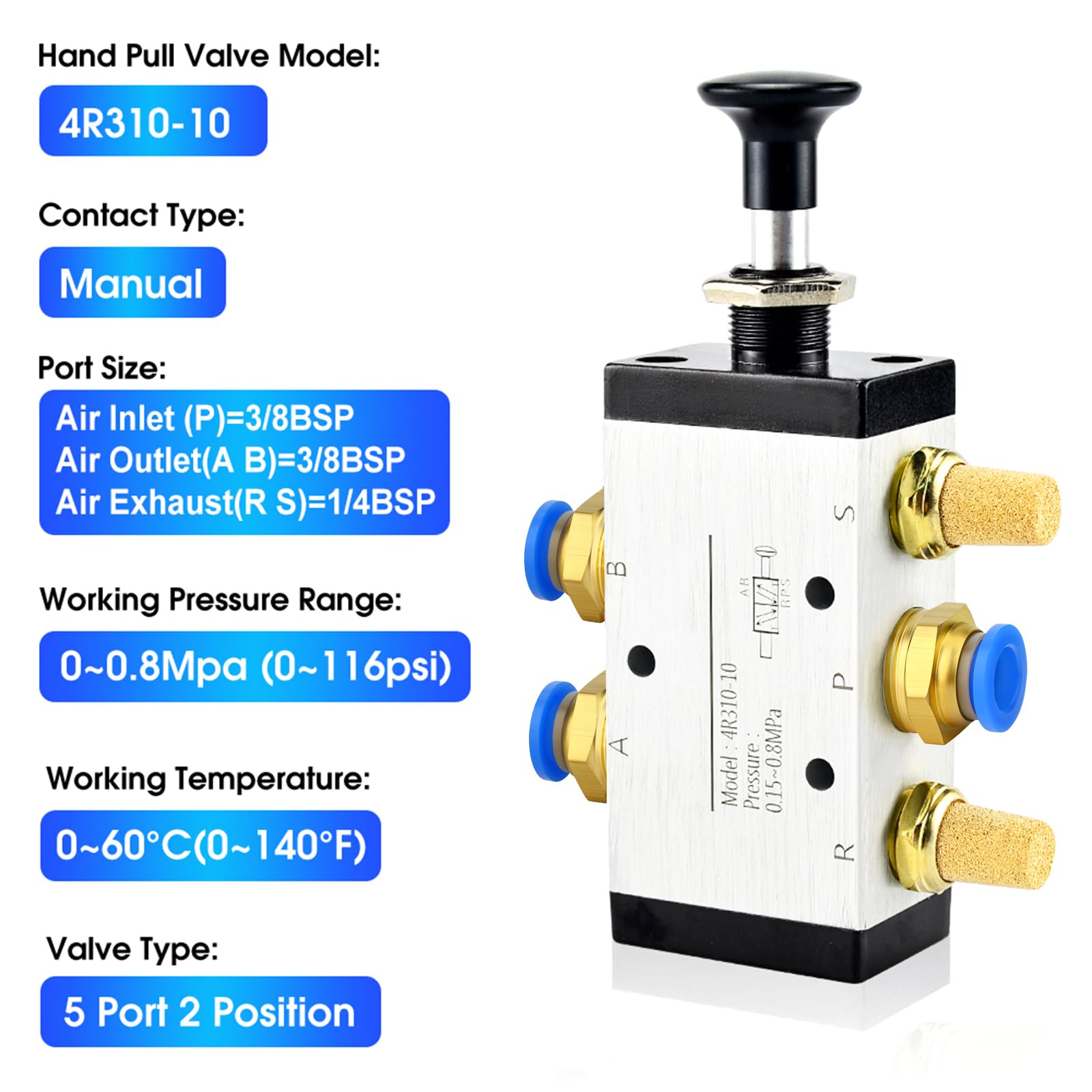 Vanne Pneumatique Heschen 4H210-08 - 5 Voies 2 Positions - Commande Manuelle Push-Pull - PT1/4