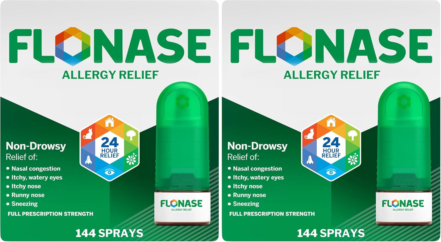 Flonase Allergy Relief Nasal Spray,24 Hour Non Drowsy Allergy Medicine,Metered Nasal Spray - 144 Sprays- Fall and Seasonal-Allergy Relief,(Pack of 2)