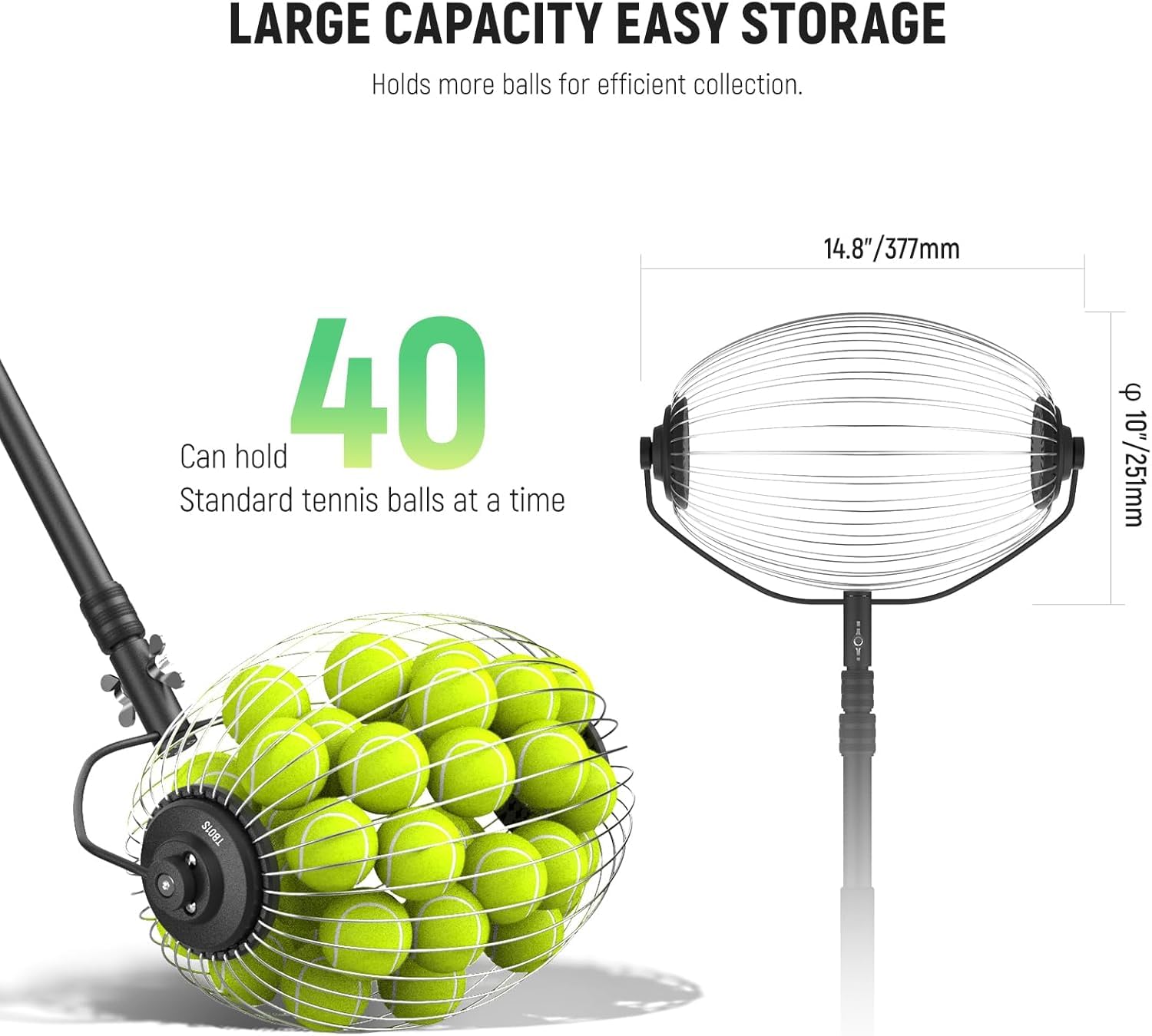 NEEWER Raccoglitore Tramoggia di Palline da Tennis Rapido a Rullo, per Raccogliere Fino a 40 Palline da Tennis/Golf/Pickleball da 1,5"-3" Senza Piegarsi, Manico Telescopico da 77-148cm/30"-58", TB01S