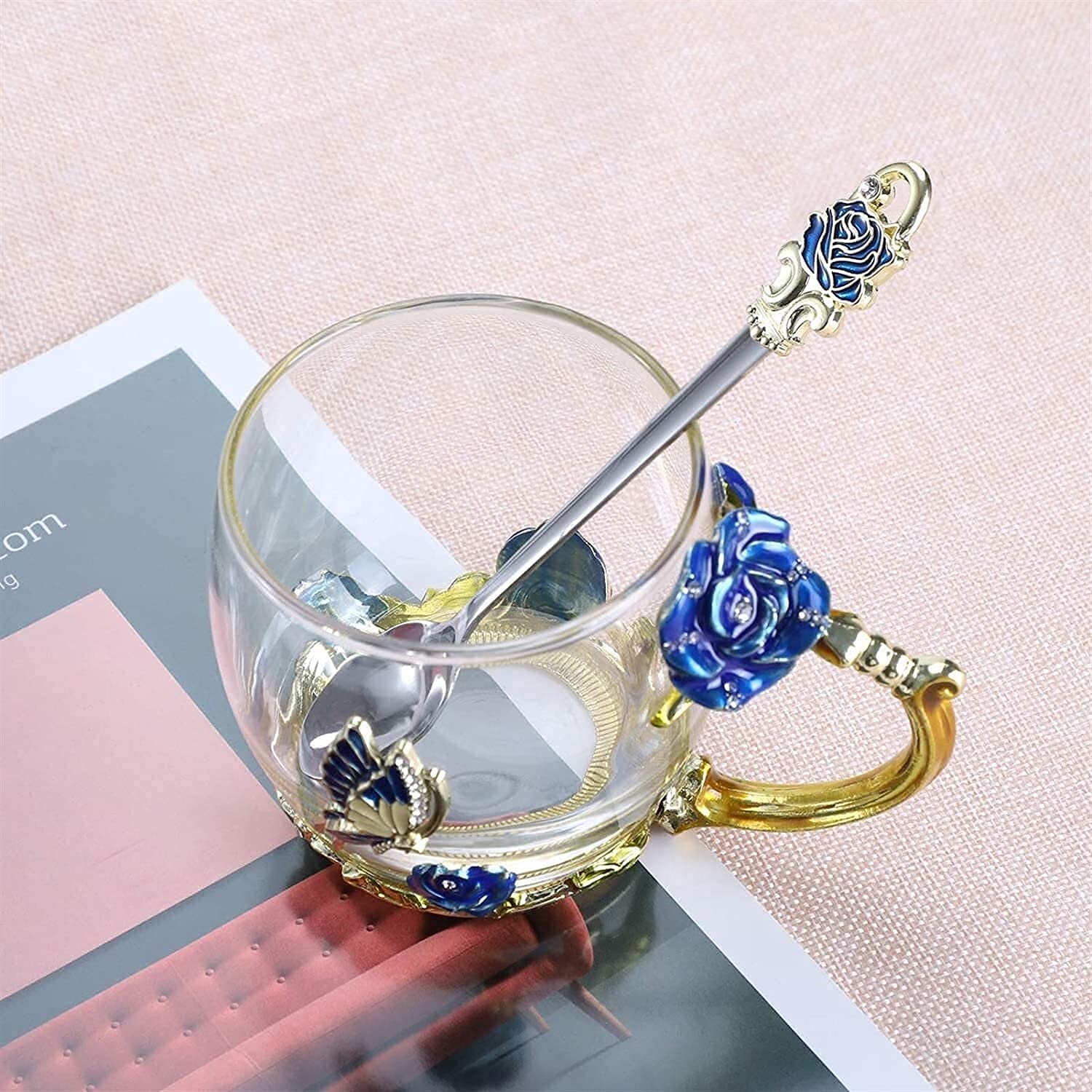 Teetassen, Emaillierte Blumen-Teeglastasse, Kaffeetasse, Glastasse, Damentasse, Blumen-Teetasse, tragbare Wassertasse for Damen, Emaille-Sonnenblumen-Glas-Teetasse, Kristallglas-Löffel-Set