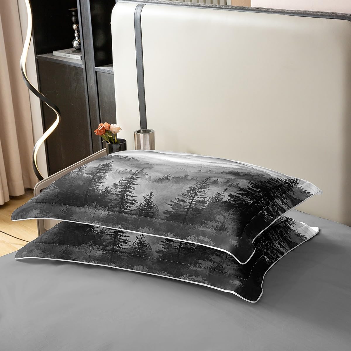 Erosebridal Black White Misty Forest 100% Cotton Duvet Cover Queen Size Jungle Smoky Mountain Bedding Set for Kids Girls Boys Nature Foggy Pine Tree Comforter Cover Rustic Nature Woodland Bedclothes