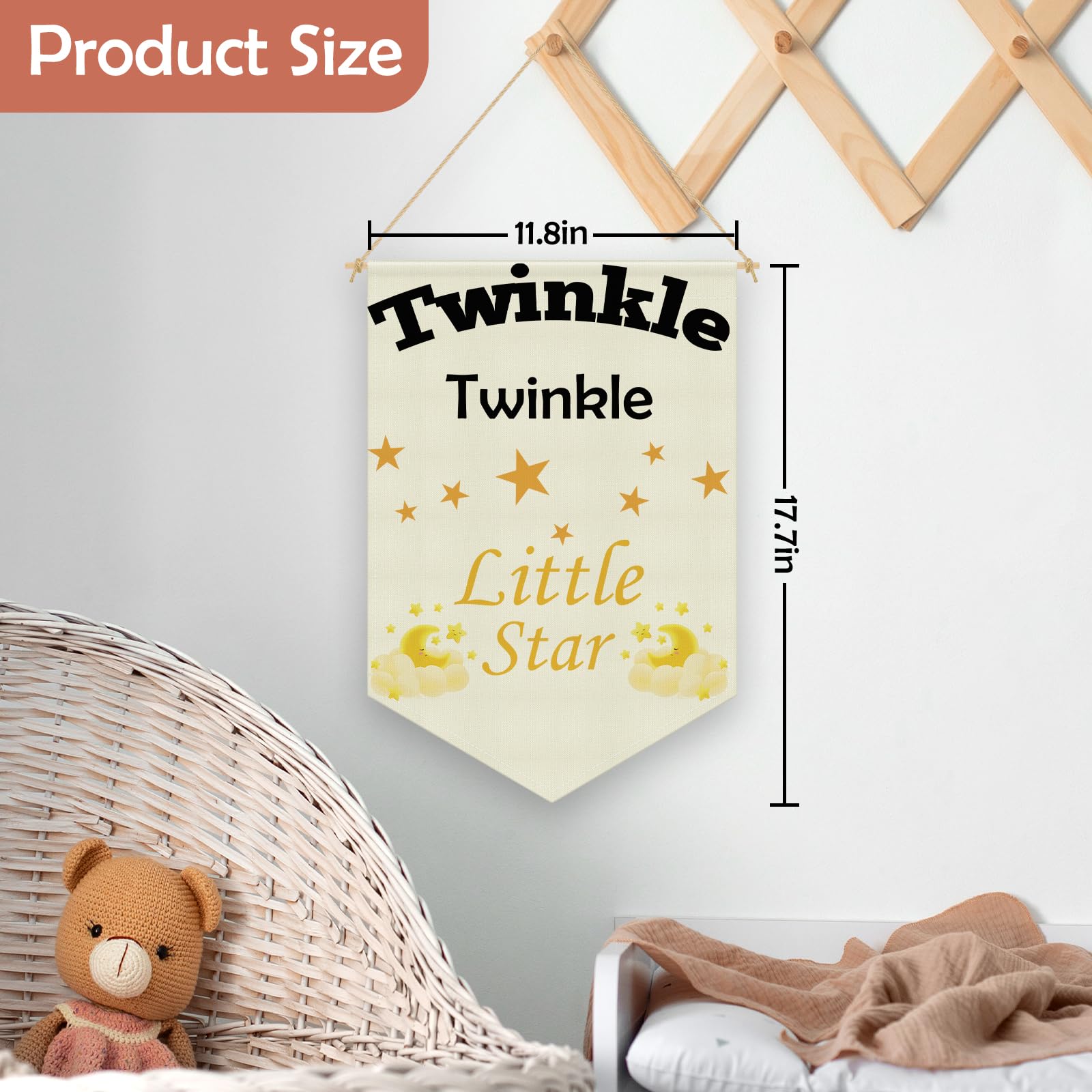 Nursery Wall Decor Canvas Hanging Pennant Flag Banner Nursery Wall Art for Baby Kids Girl Boy Friends Star Moon Decor for Kids Bedroom Playroom Living Room Playroom Linen Cotton Flag